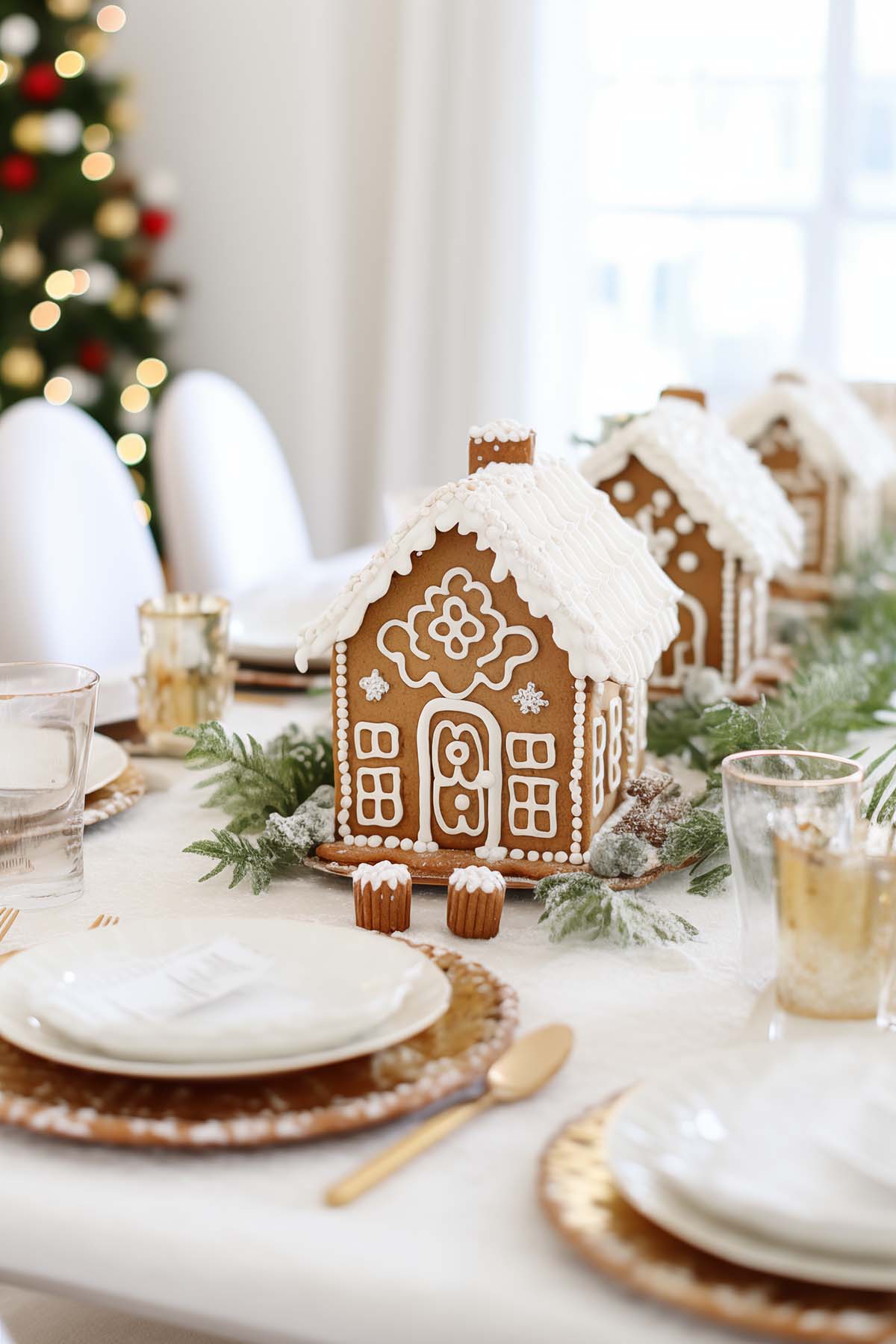 Gingerbread house decorated with white frosting on a tablescape with frosted greenery and white and gold elements.