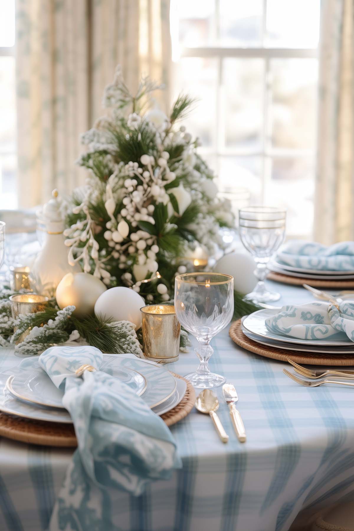blue gingham tablecloth, wine glasses with gold rims and light blue napkins with a mini Christmas tree centerpiece.