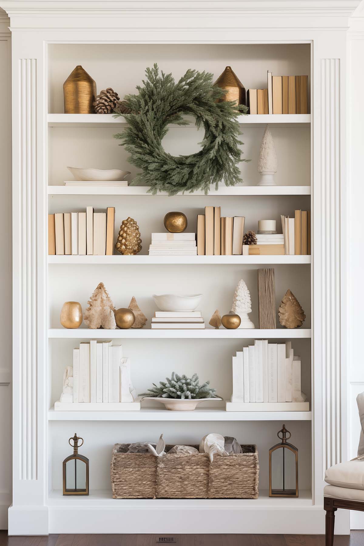 built in bookcase decorated for Christmas with a wreath hanging from the top shelf