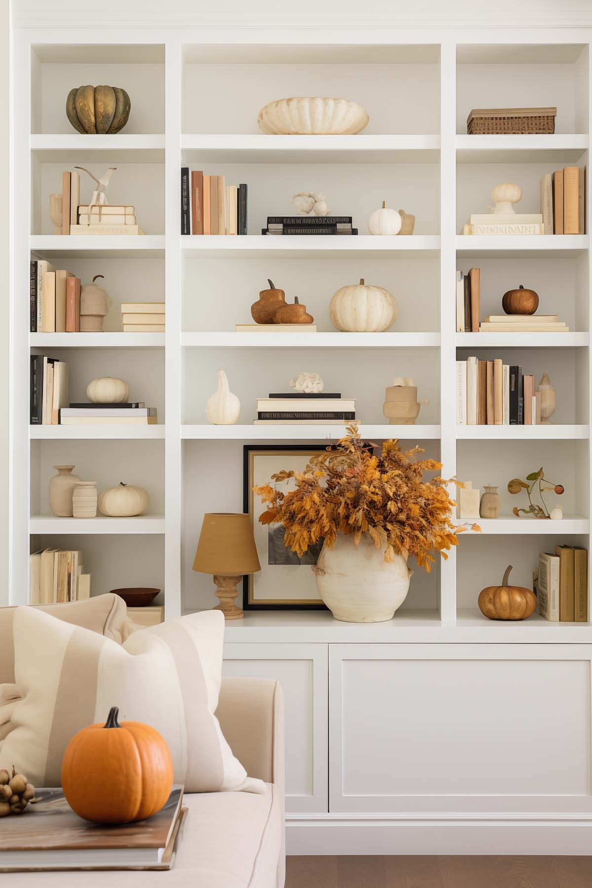 built in bookcase decorated for fall with various orange tones and pumpkins