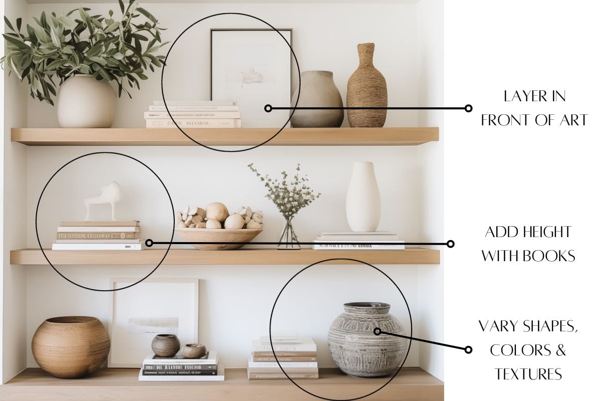 styled bookshelves with labels showing how to layer and vary the height and color of objects
