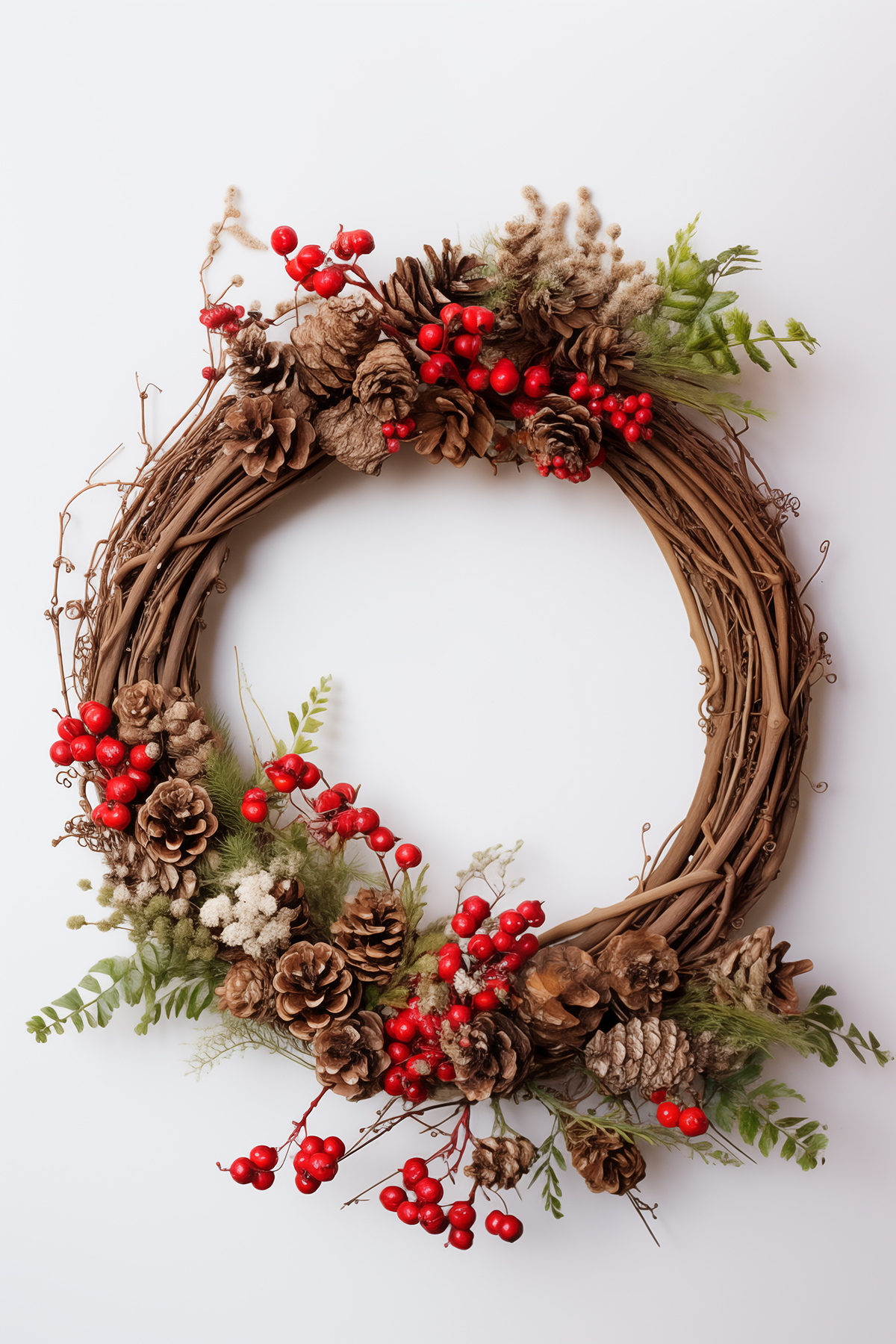 Grapevine wreath with pinecones, ferns and berries for a woodland look.