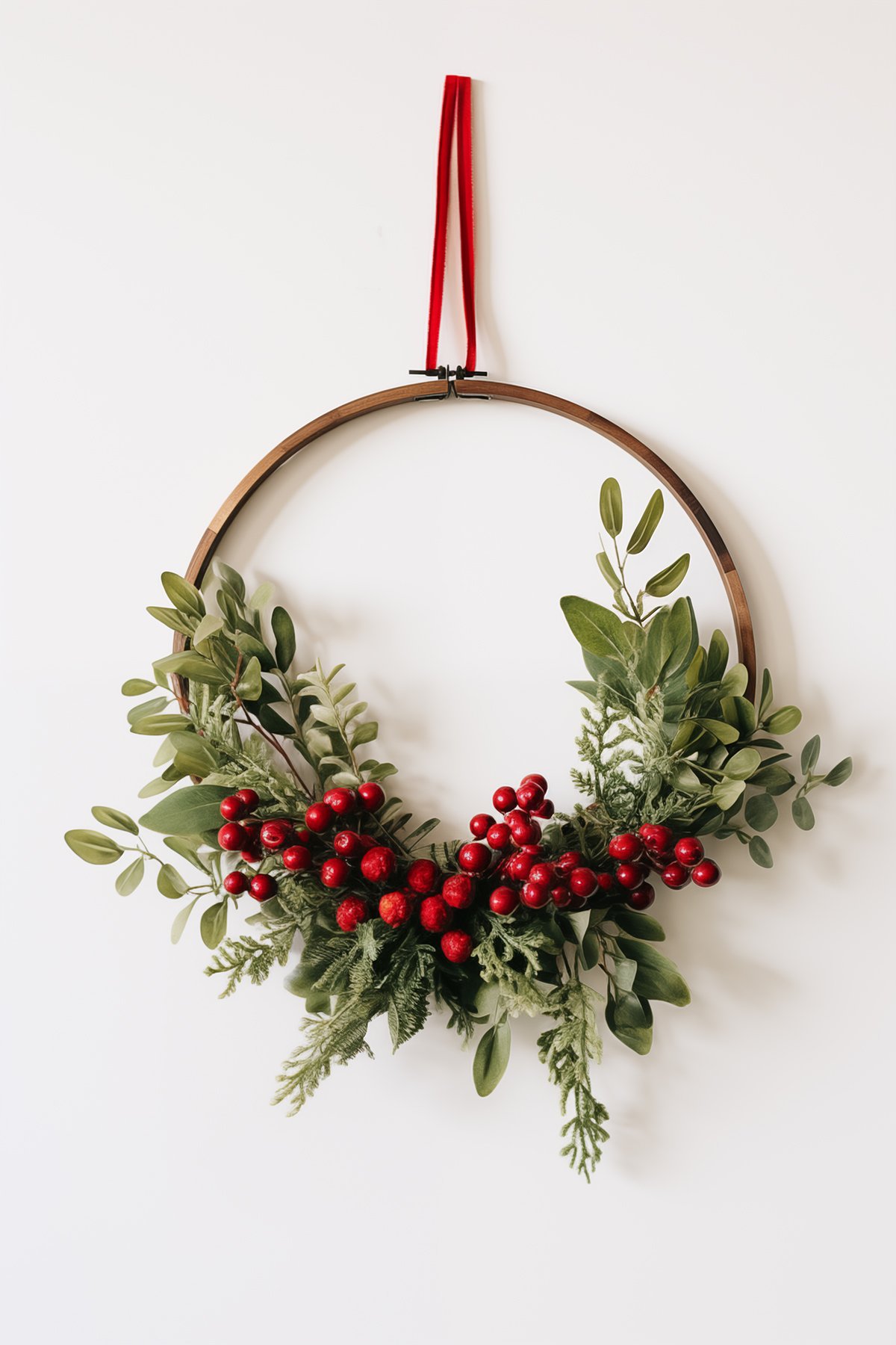 DIY Christmas wreath made from an embroidery hoop with faux greenery and red berries.