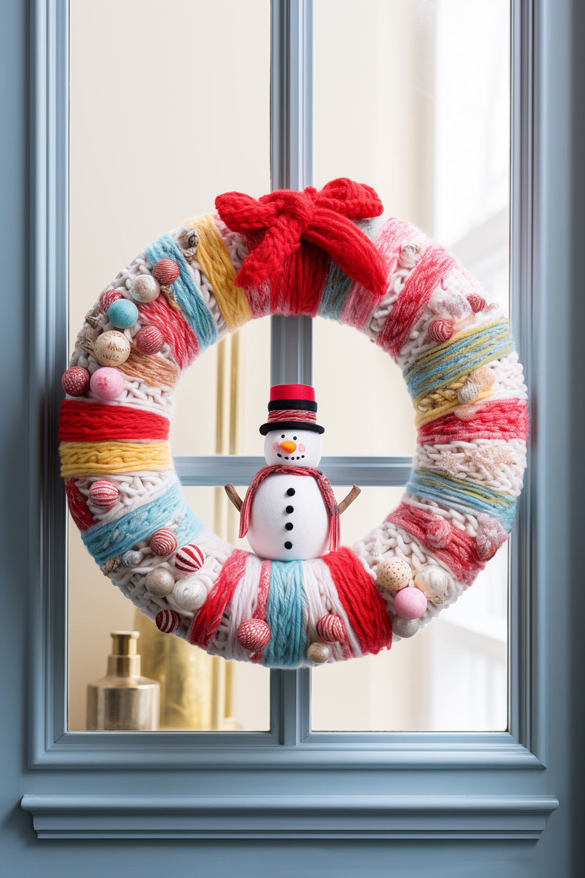 colorful yarn wrapped Christmas wreath with a little snowman figure.