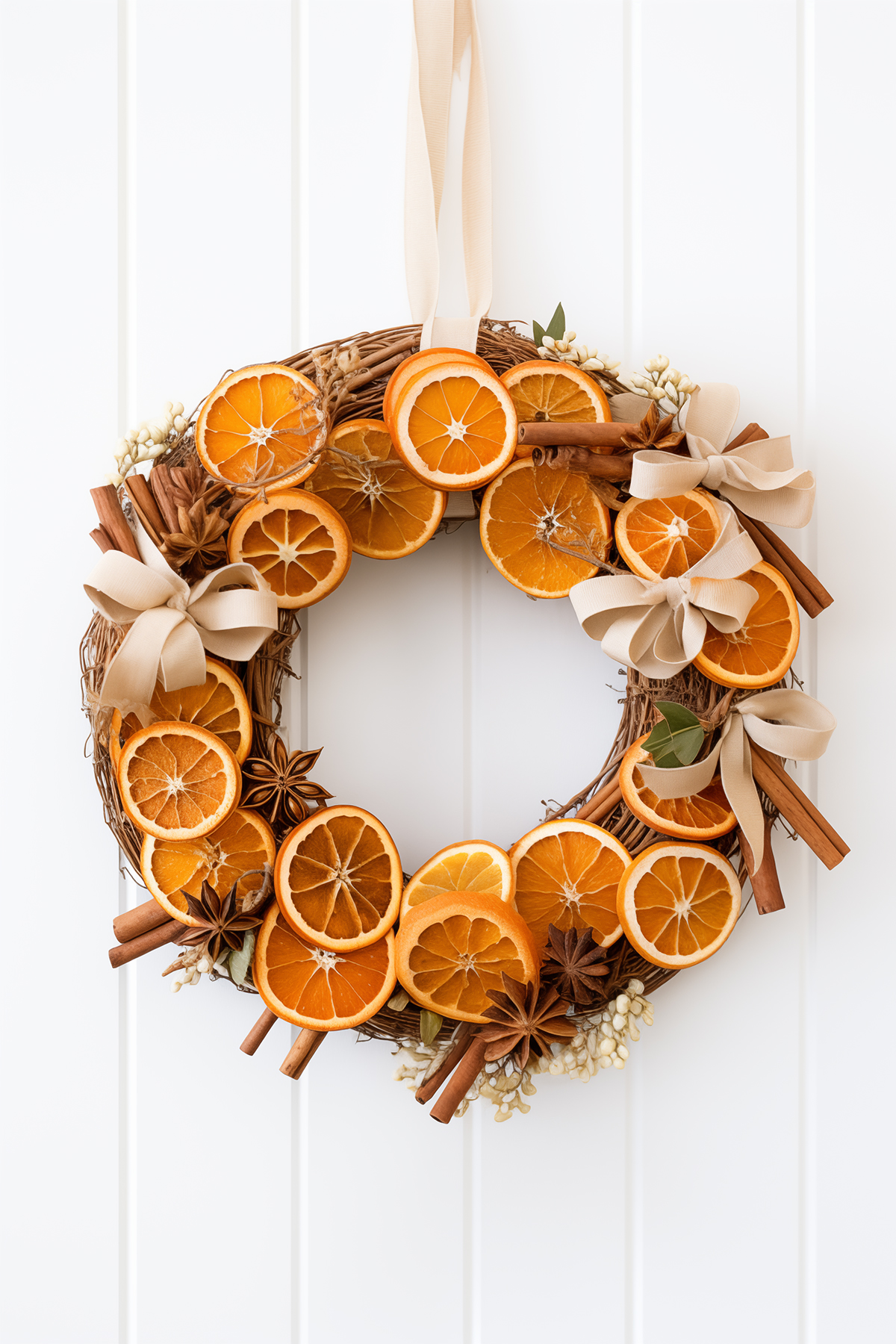 grapevine wreath with dried orange slices and cinnamon sticks