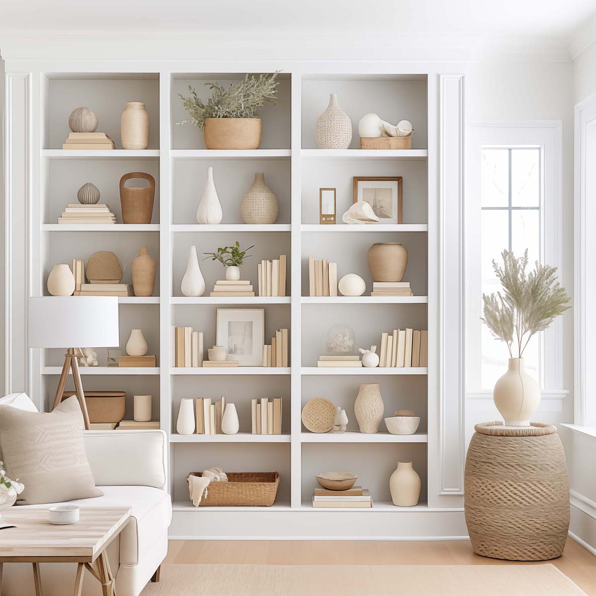 white floor to ceiling built in bookshelves decorated with neutral colors