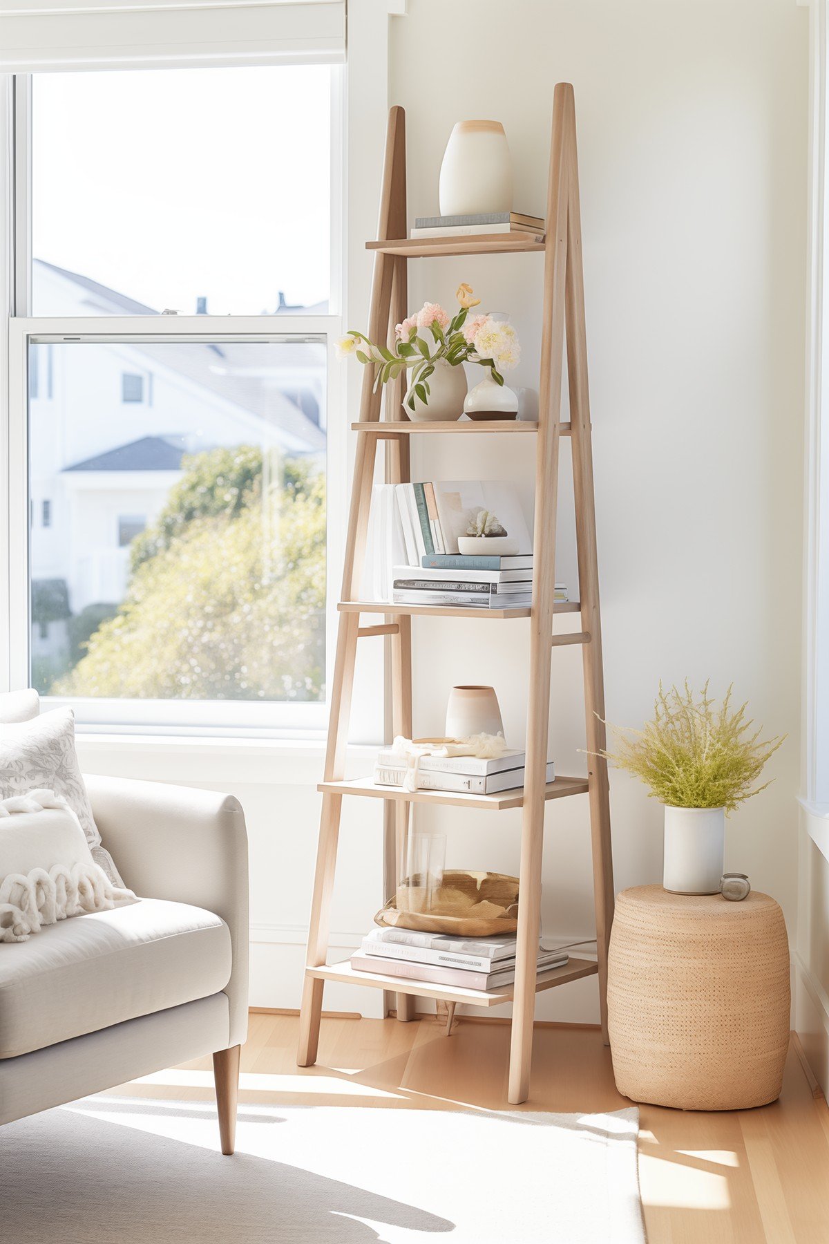 ladder style bookshelf decorated with various books and objects