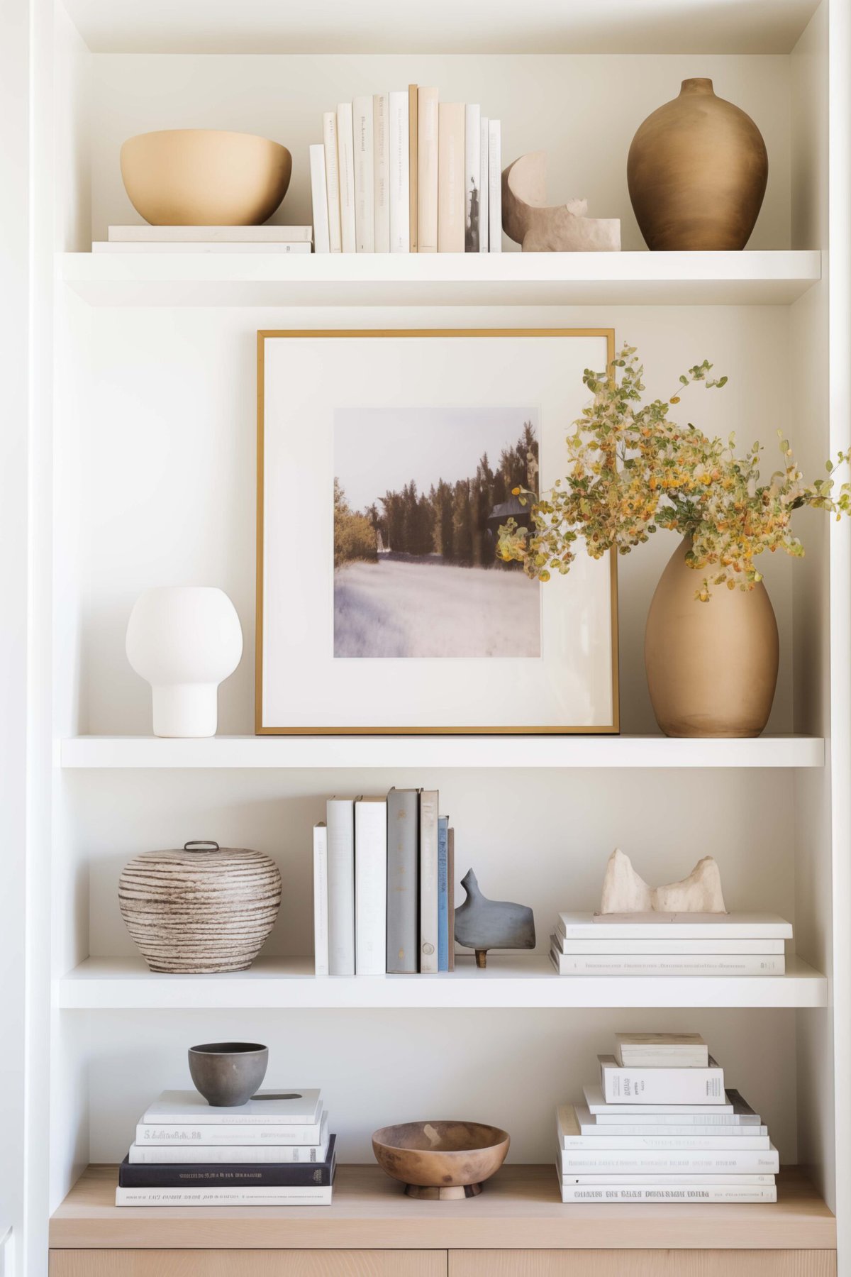 tall styled bookcase with a large piece of art in the middle