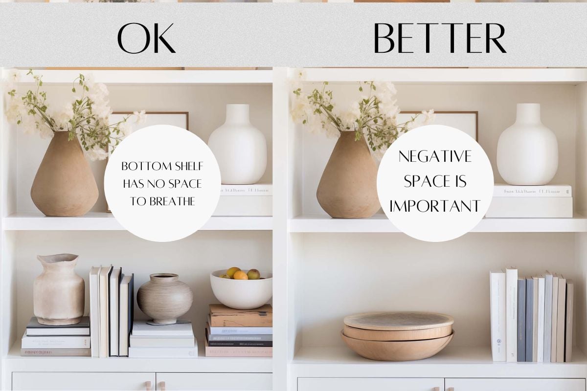 side by side of two decorated bookshelves- one with too many items and one that has negative space
