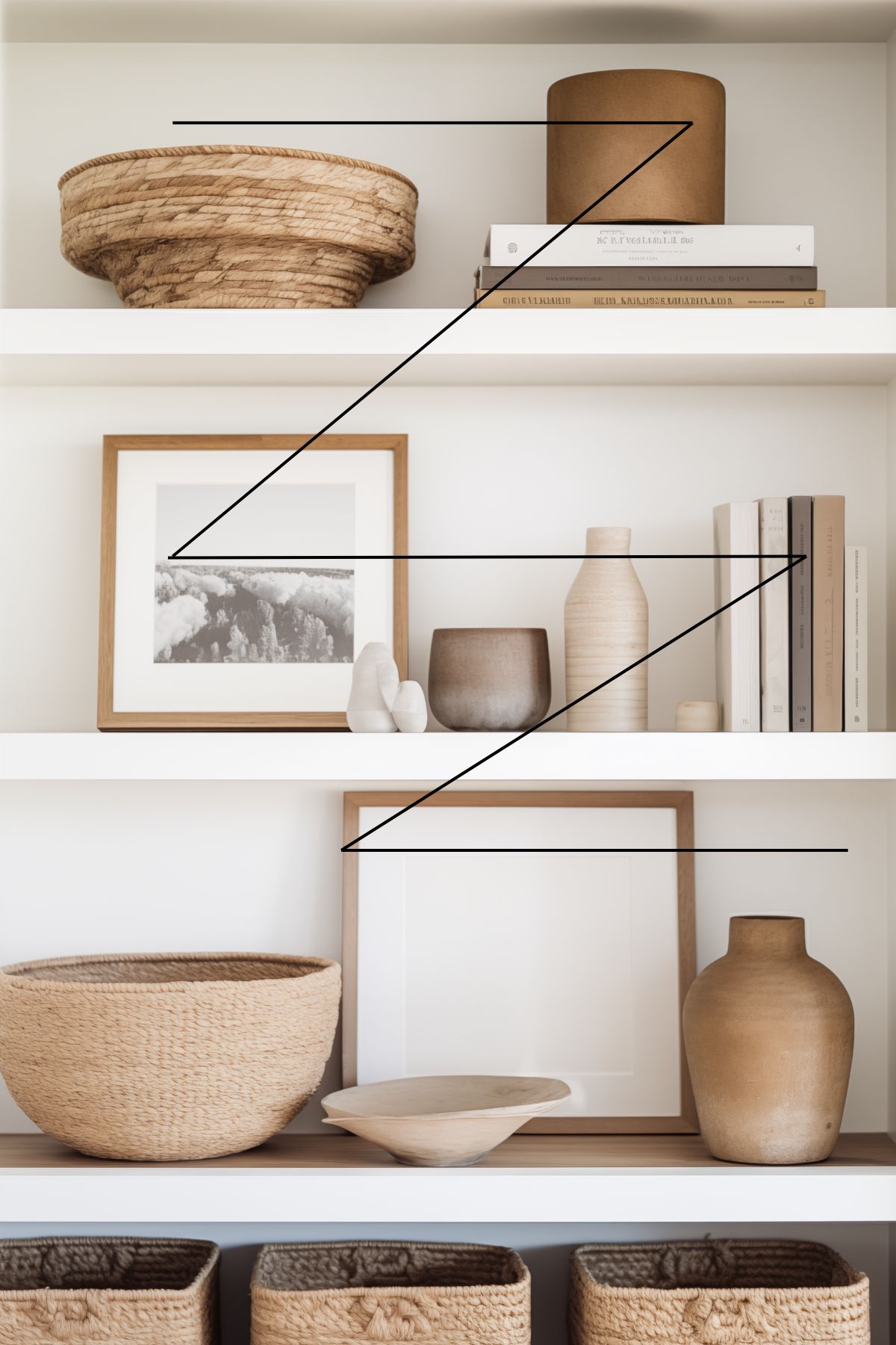 styled bookcase example showing how balancing heights creates a zig zag effect