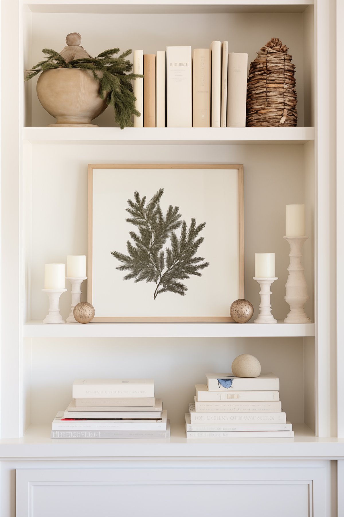 built in bookcase with a framed print of a fir branch