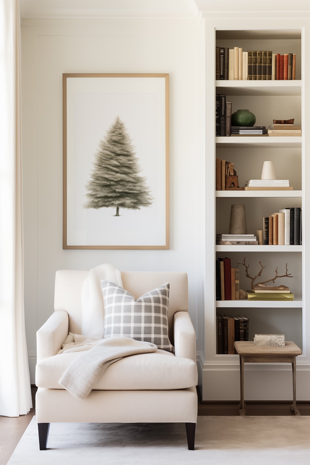 framed print of a Christmas tree hung on a wall behind an armchair