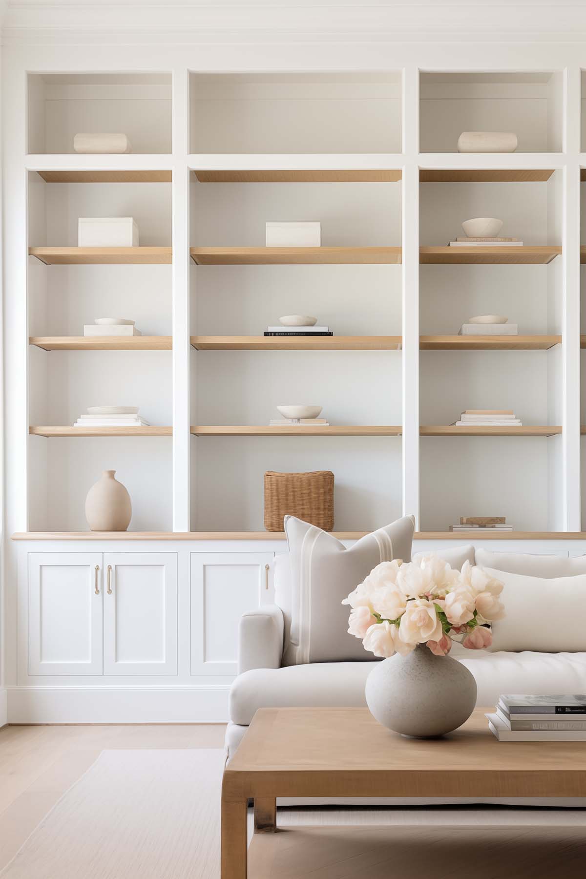 white built in bookshelves with only a single item on each shelf