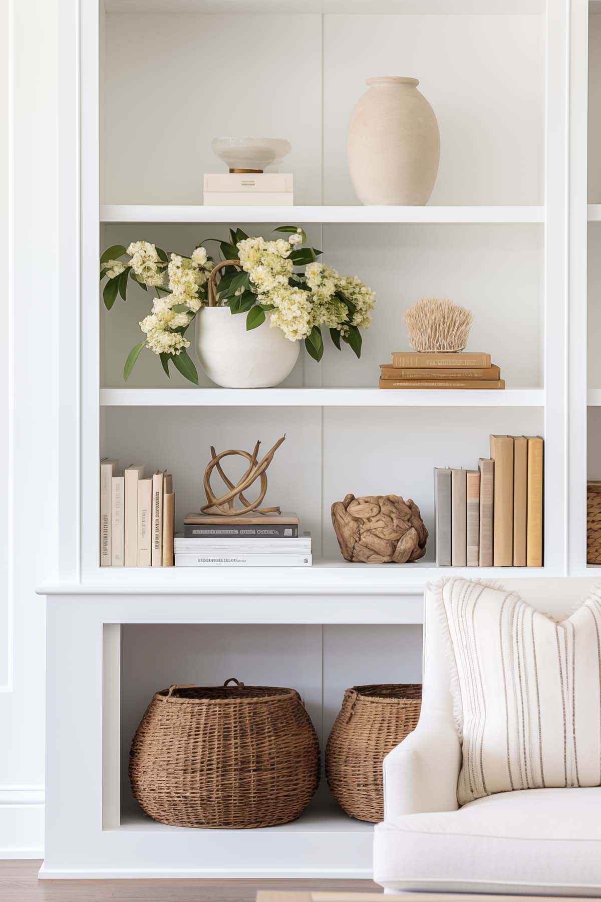 built in bookcase decorated for spring or summer with a lighter color scheme