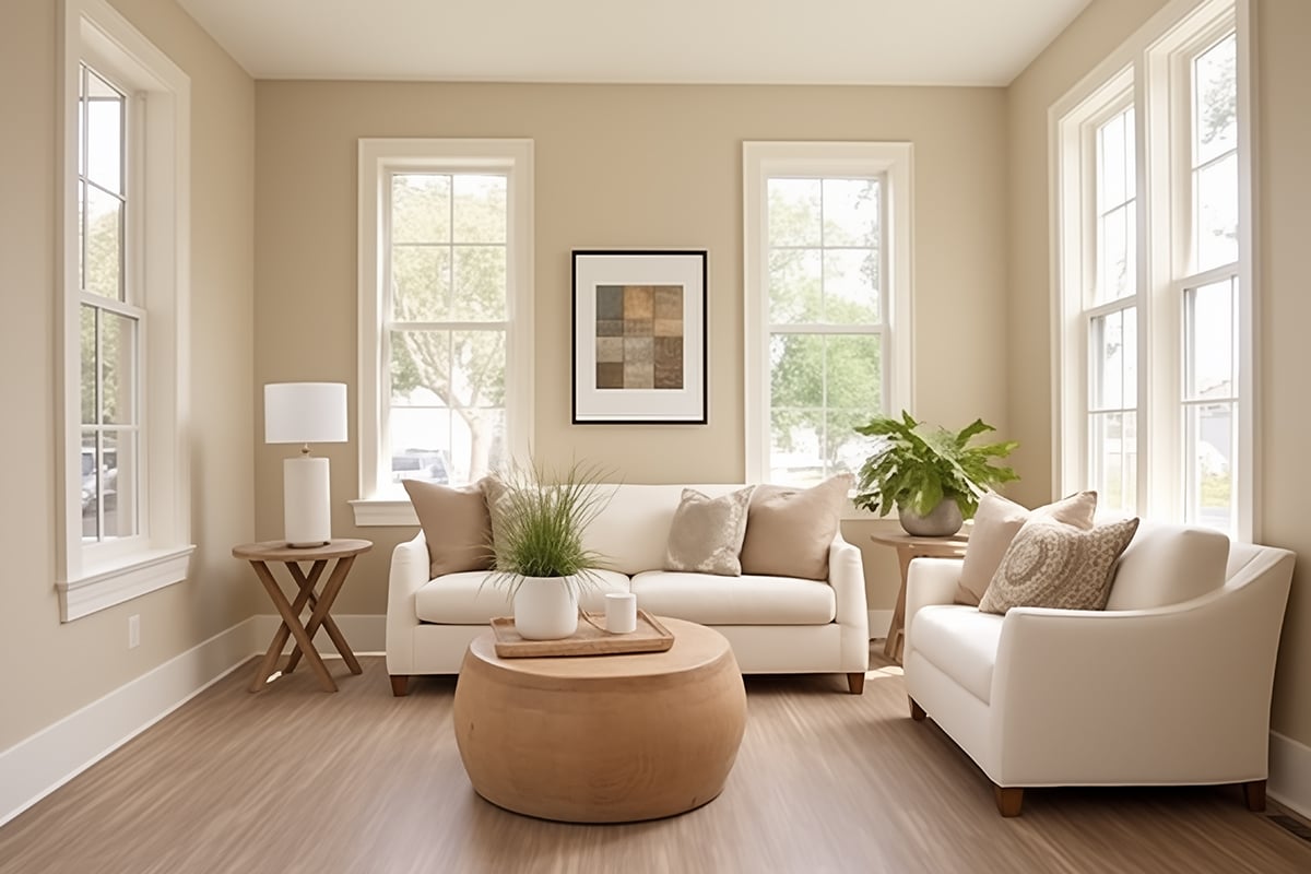 living room walls painted SW canvas tan with two cream sofas and a wooden drum coffee table