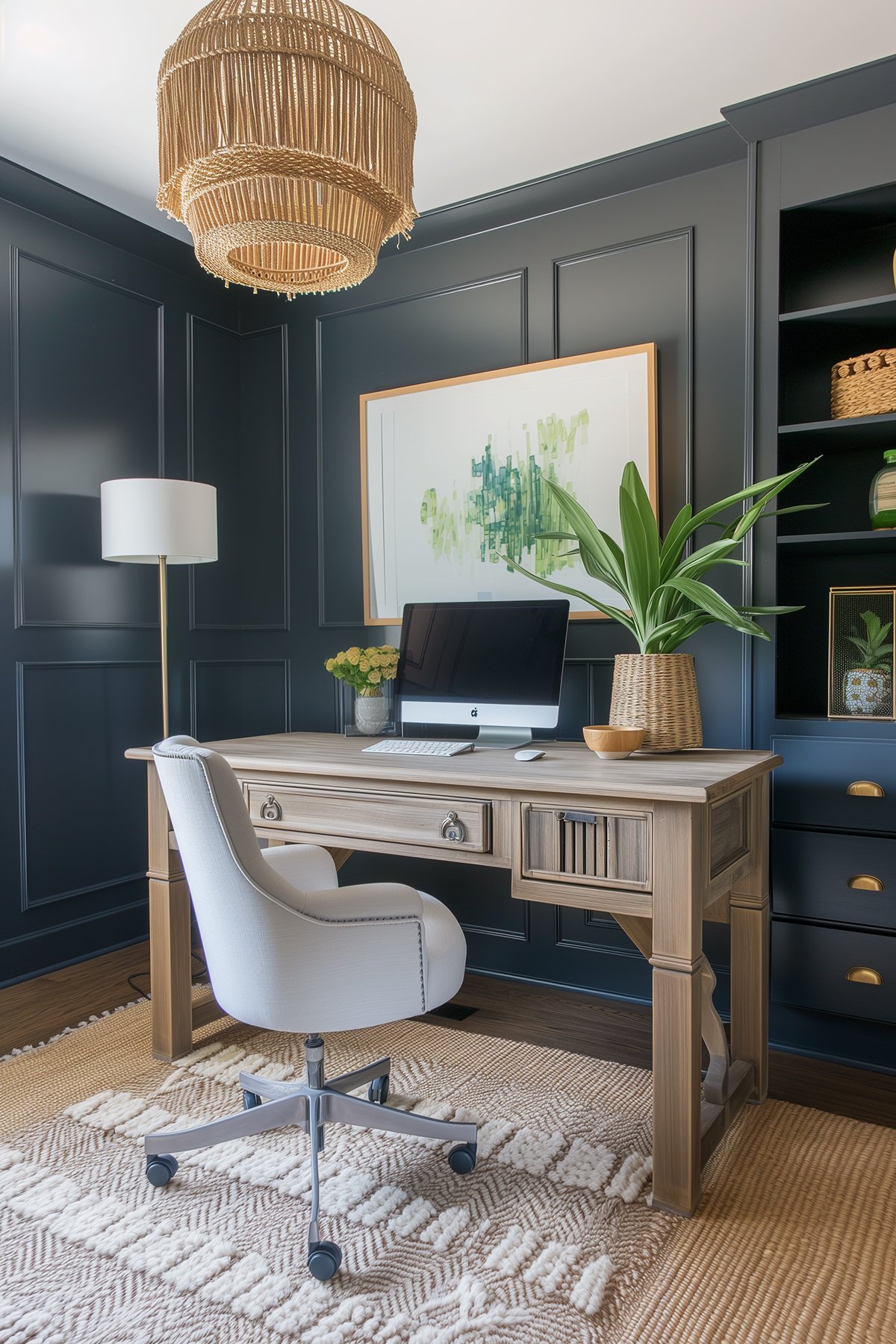Small modern office with picture frame molding walls painted Benjamin Moore Hale navy.
