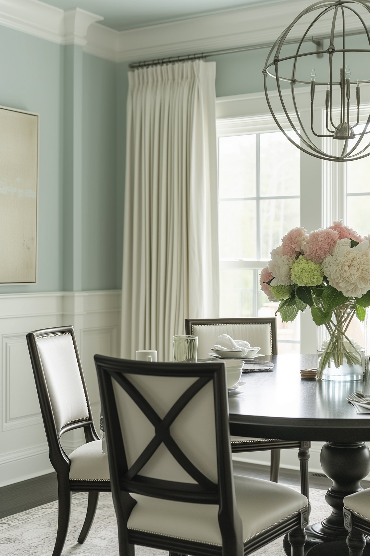 round black table and chairs in a dining room painted Benjamin Moore Palladian Blue. 