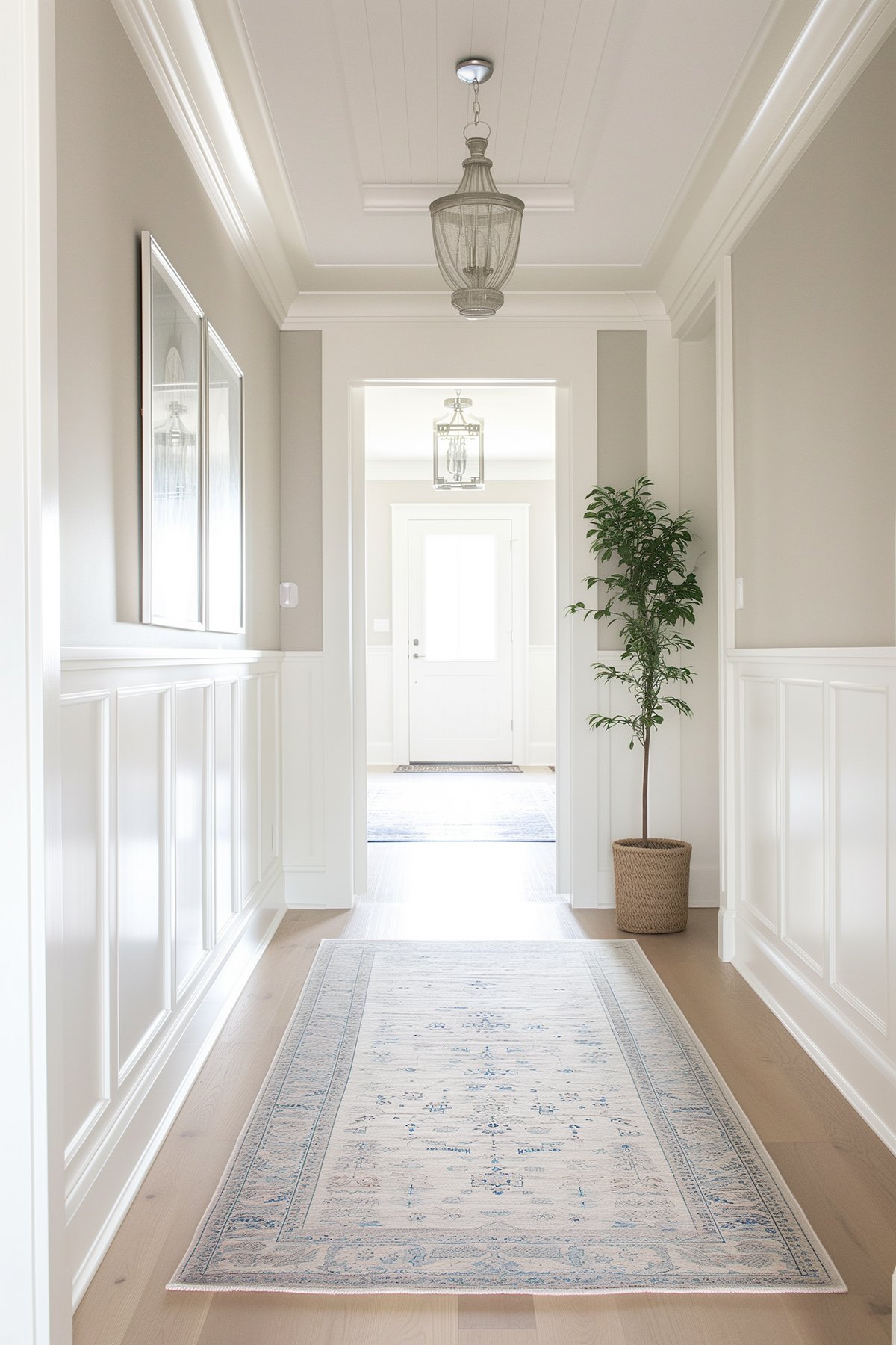 Hallway with white wainscoting and the upper half of the walls painted Benjamin Moore Revere Pewter.