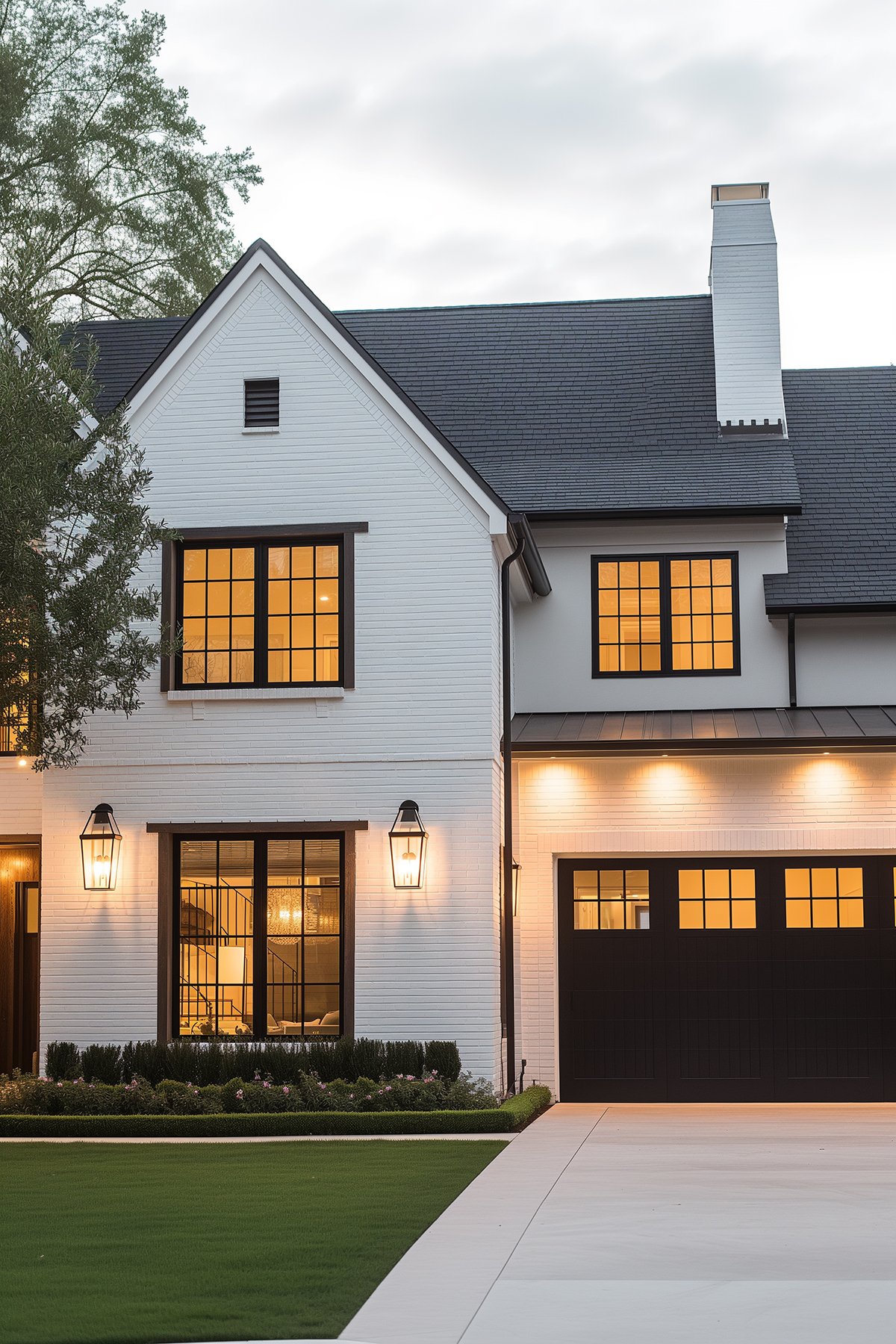 House with Benjamin Moore Simply White painted brick and black windows and garage doors.