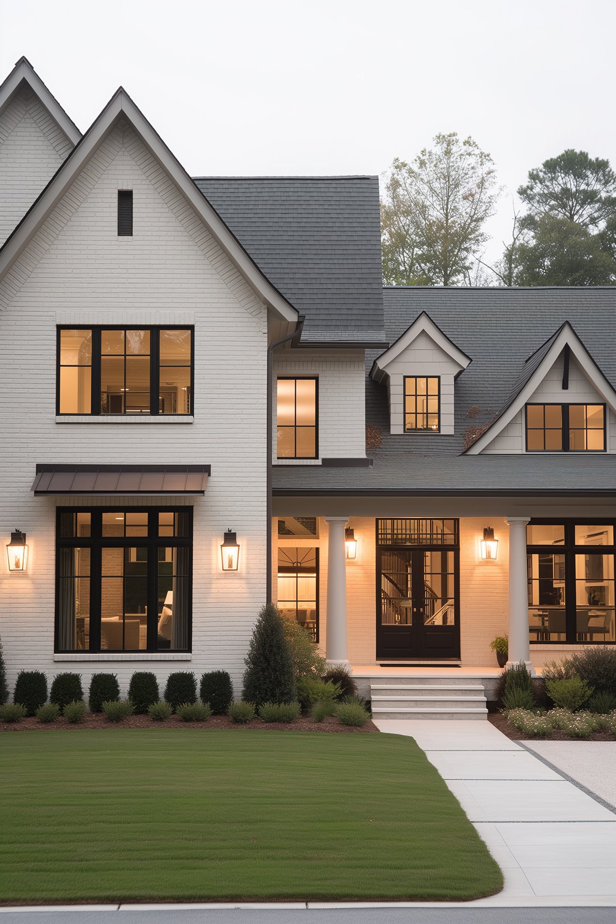 Modern house with SW Agreeable Gray painted brick and black windows.