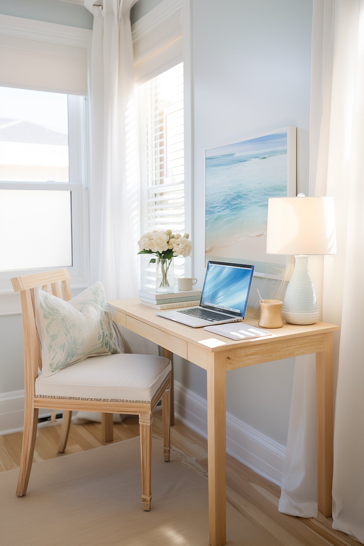 Bright small home office with a wooden desk, cream chair, laptop, vase of flowers, and a beach-themed painting