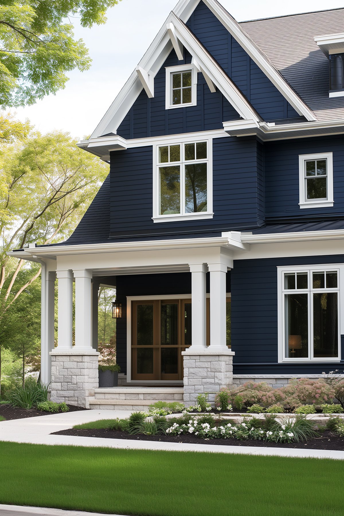 Modern house with BM Hale Navy siding and bright white trim with light gray brick accents.
