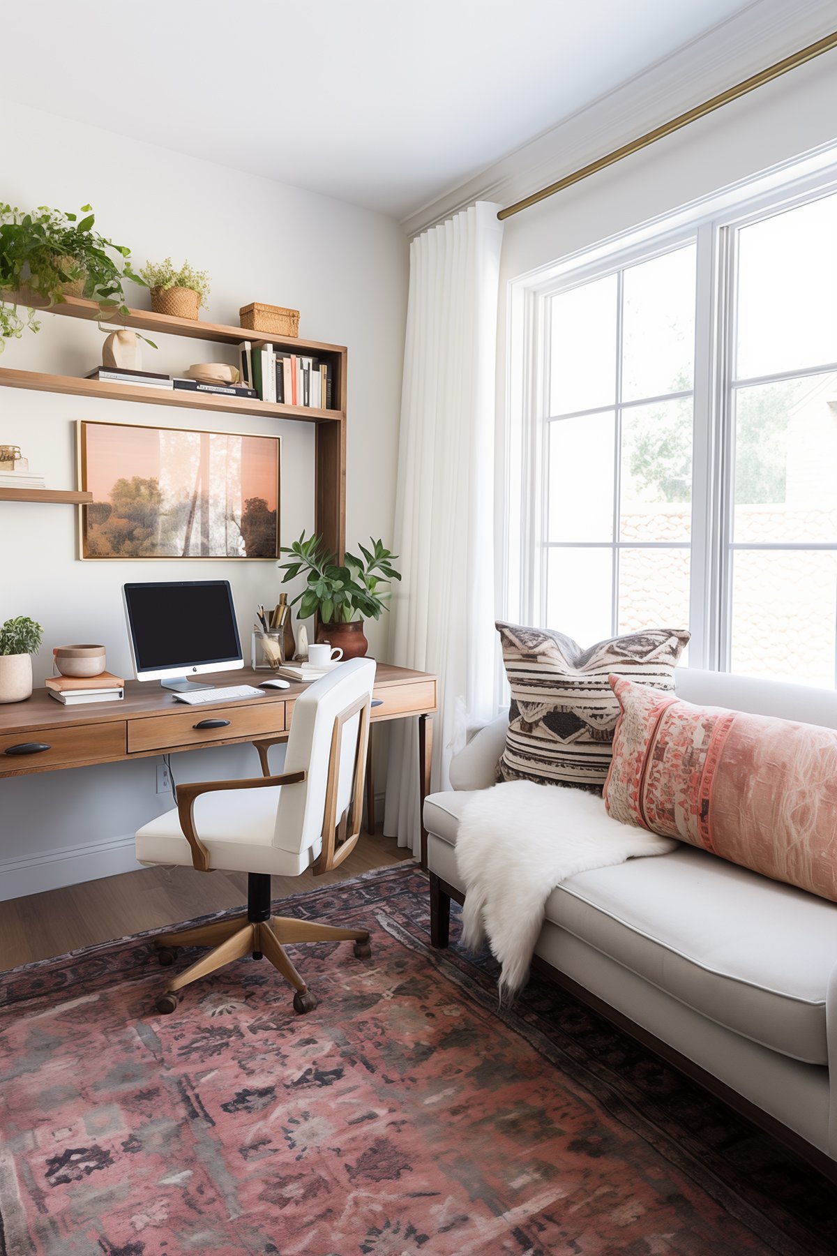 Boho-chic styled home office with a wooden desk, white chair, open shelves, a cozy couch with pillows, and a patterned rug