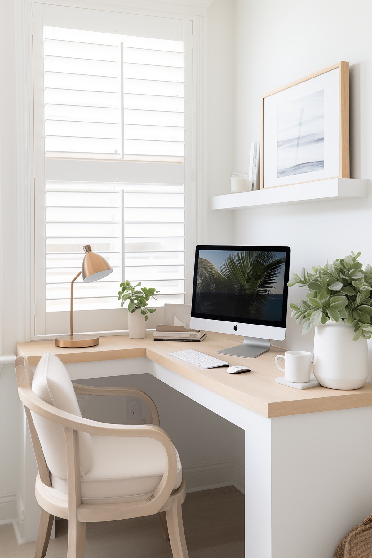 Modern home office with white desk, beige chair, desktop computer, and plants against shuttered windows