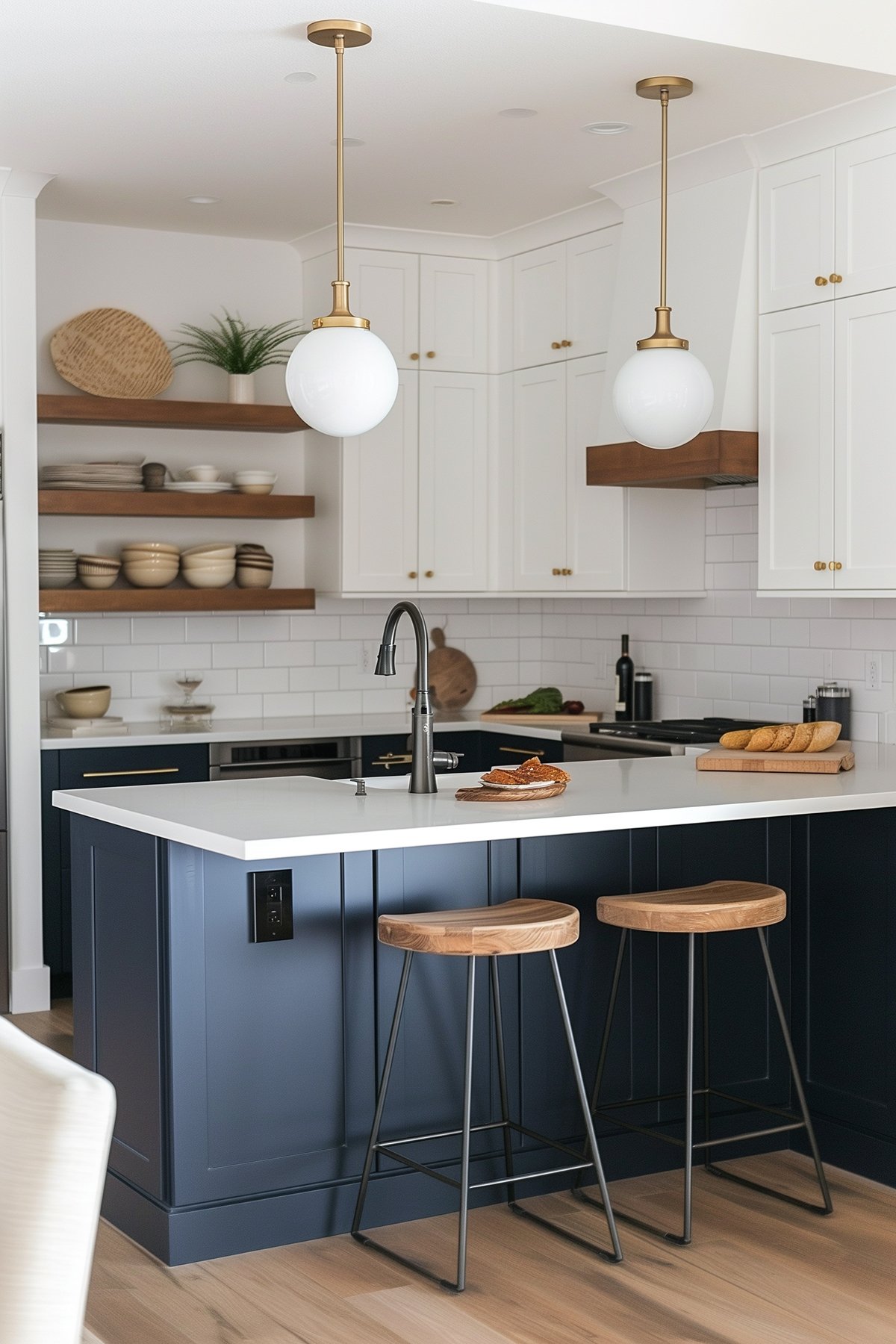 Small kitchen with white upper cabinets and navy lowers.