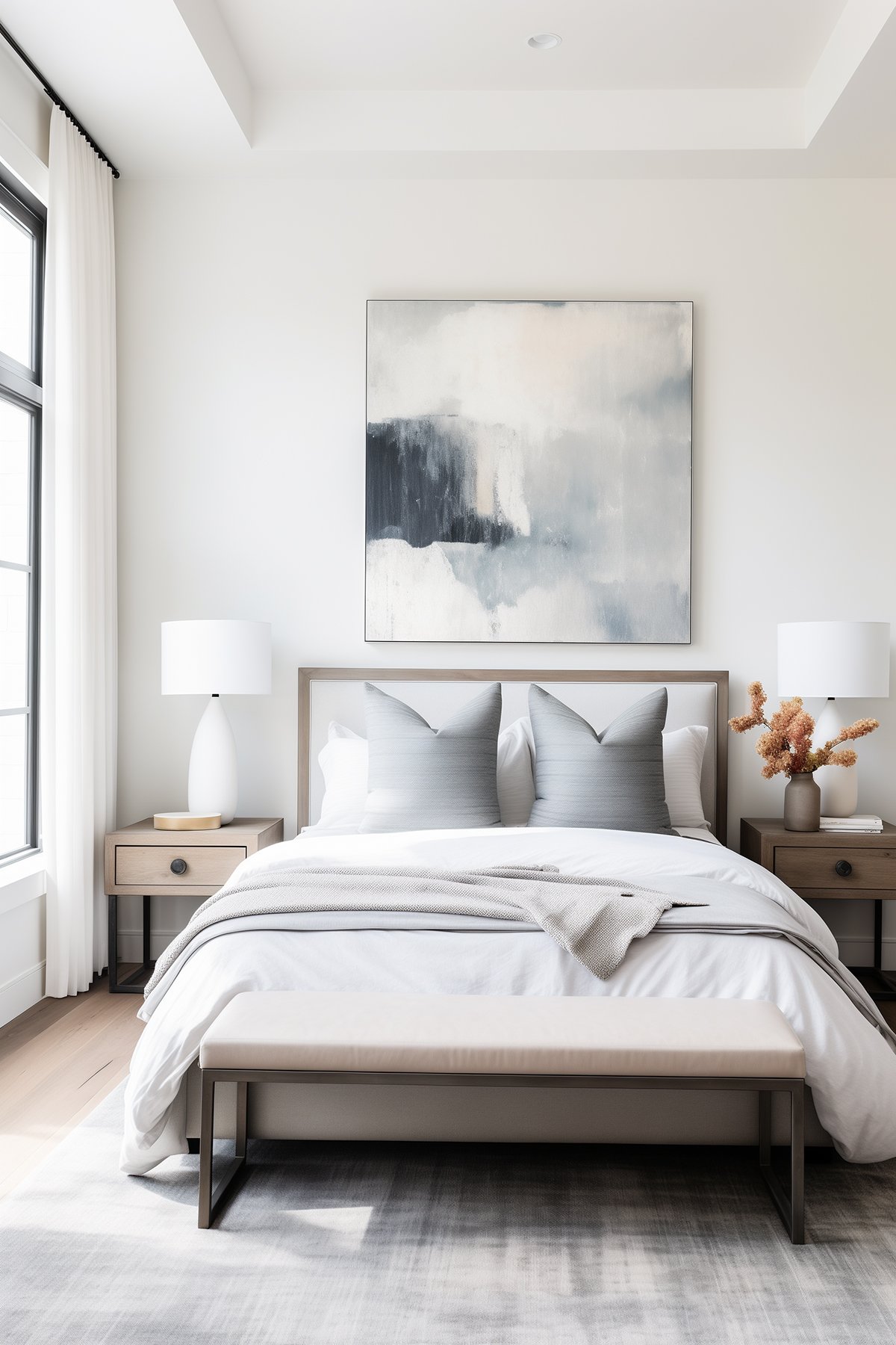 A bedroom painted with Sherwin Williams City Loft featuring a bed with gray bedding, white lamps on nightstands, and a large abstract wall art piece.
