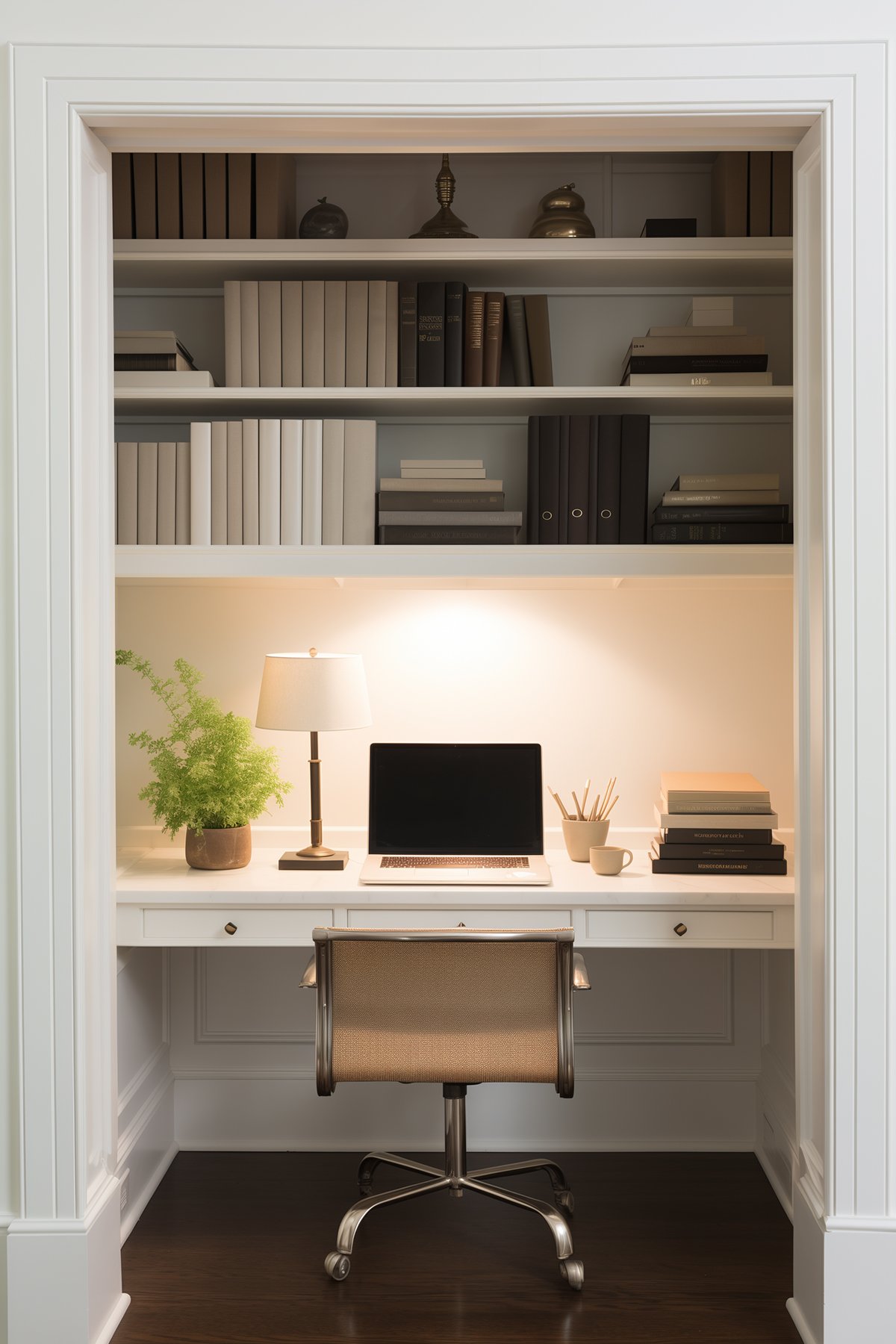 closet turned office with a built-in desk and shelves.