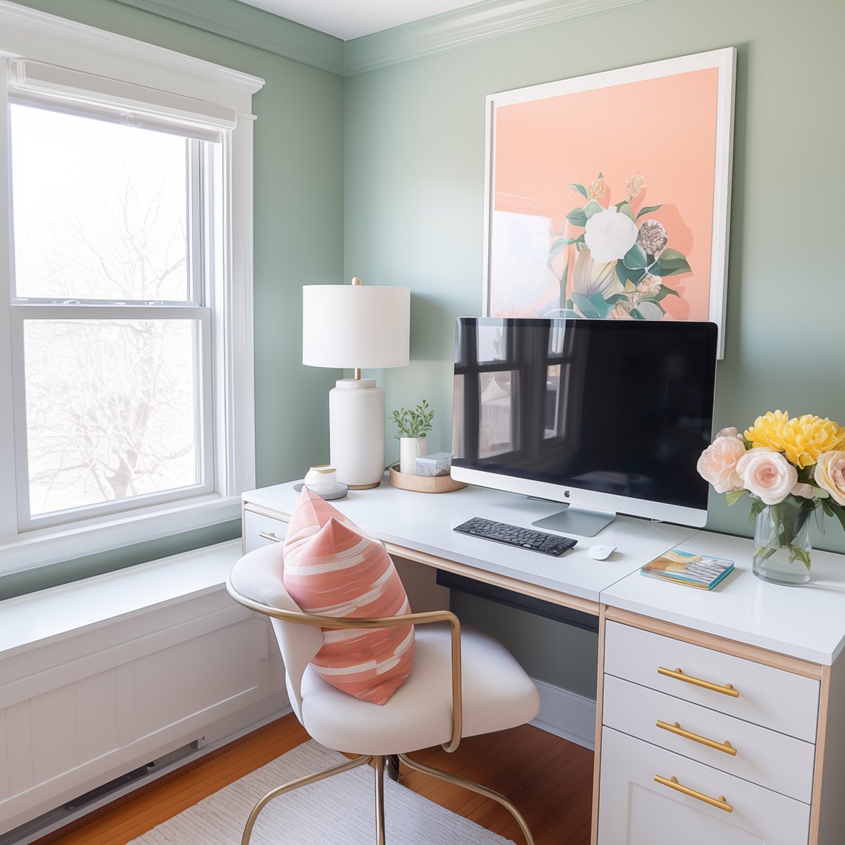 Chic home office with sage walls, white desk, gold accents, floral art, and a vibrant cushion.