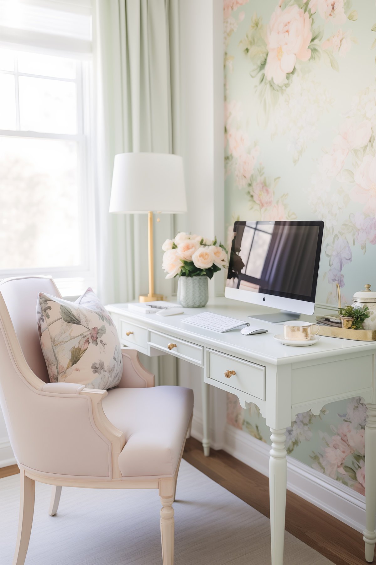 Elegant French country-style office with floral wallpaper, a blush chair, and a white desk.