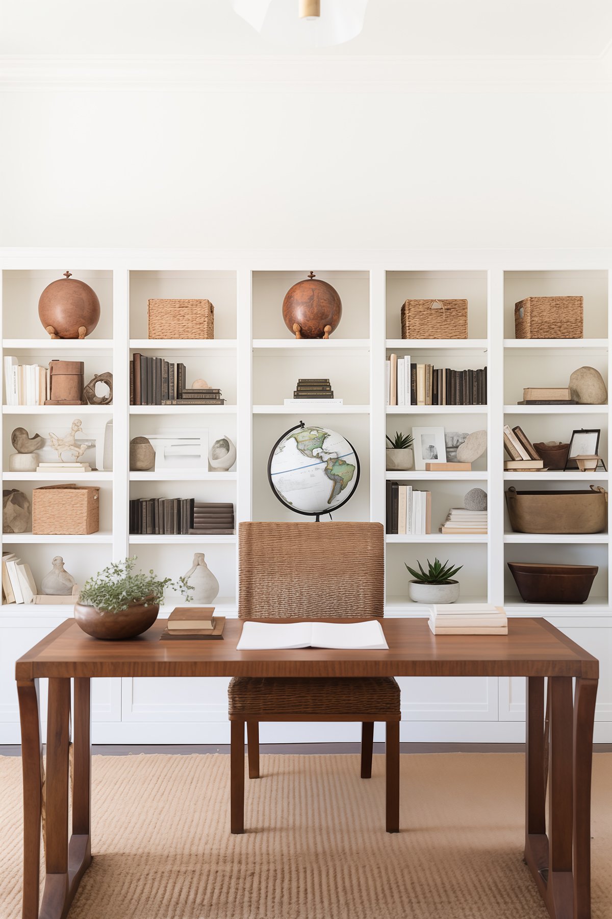 Home office with a wooden desk, rattan chair, and white shelves decorated with global artifacts.