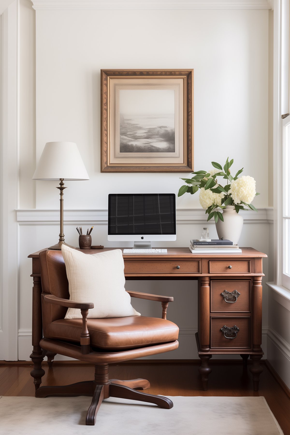 small office with a vintage wooden desk, leather desk chair and vintage lamp and artwork.