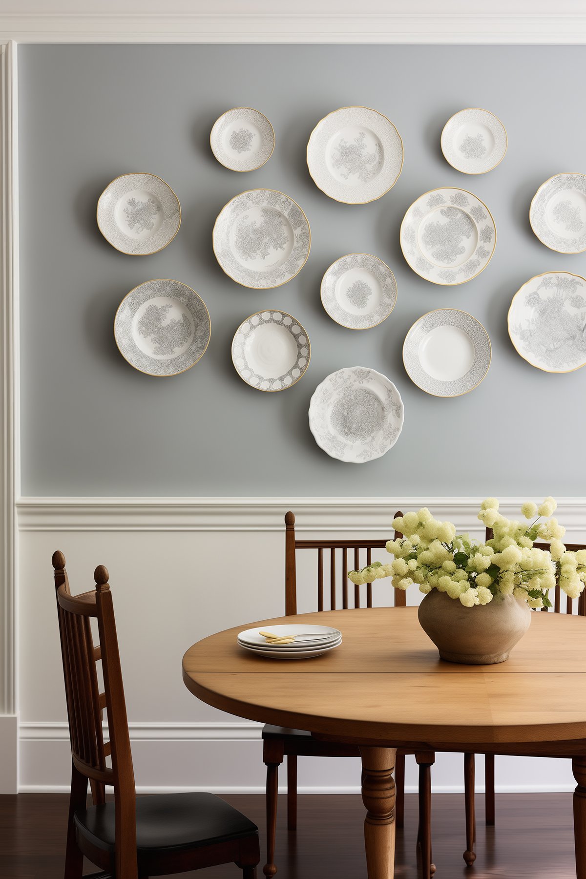 dining room wall with plates hanging on it and a round dining table