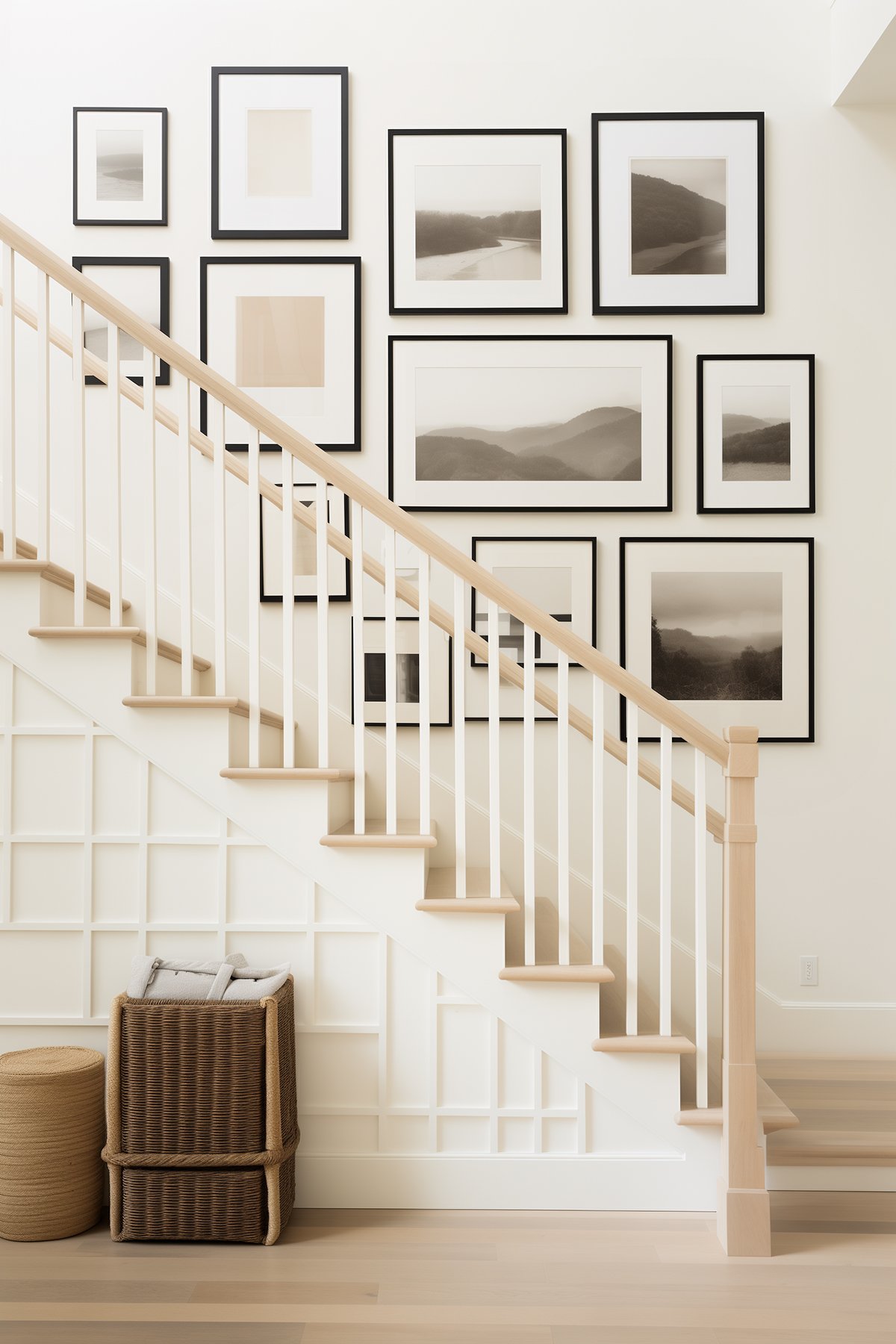 staircase gallery wall of landscape art.