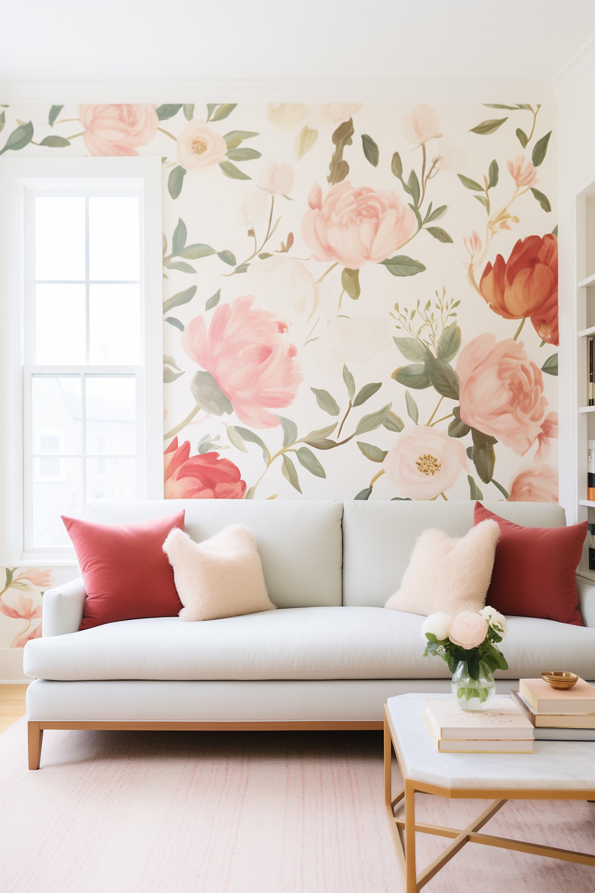 couch in front of a wall with large-scale floral print wallpaper.