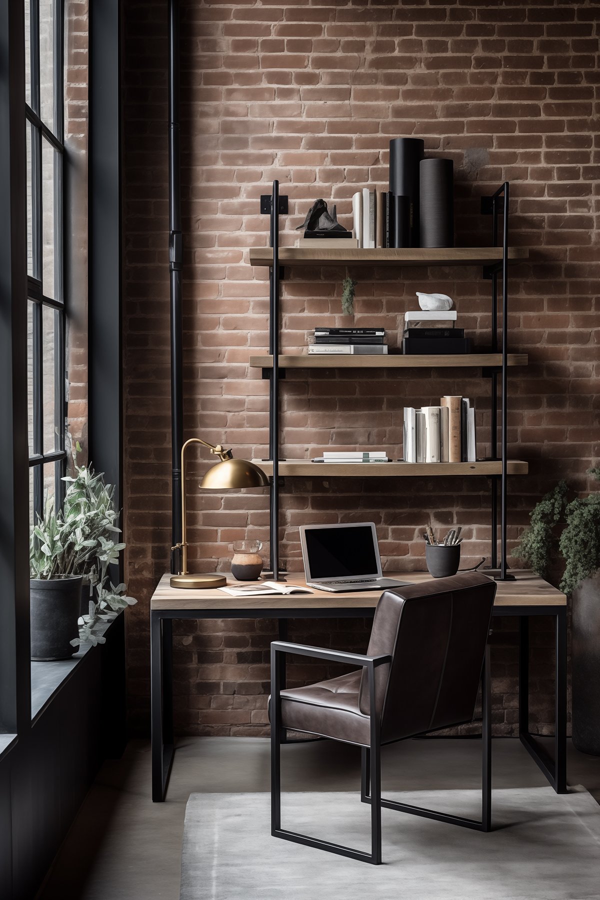 Industrial home office with brick wall, black shelving, leather chair, and gold lamp.