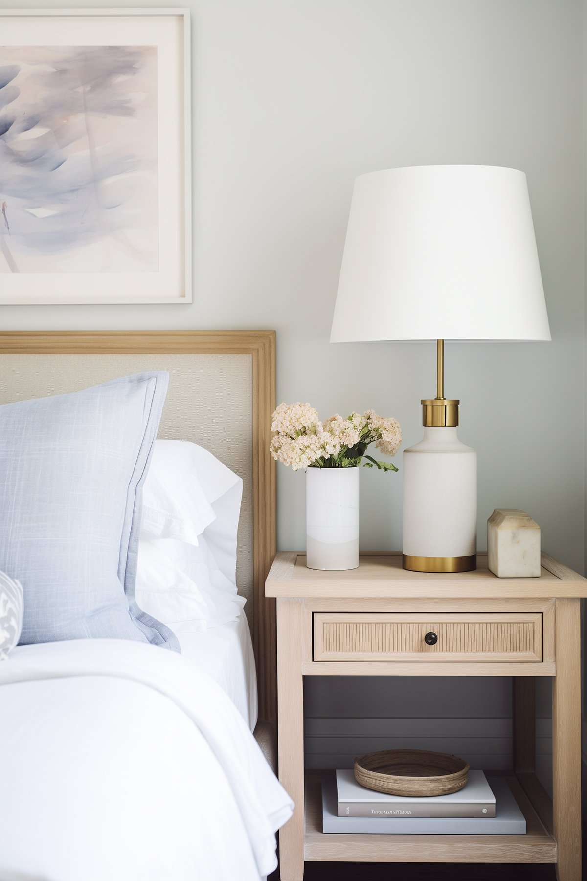 Bedroom nightstand with lamp and vase of flowers. The walls are painted Benjamin Moore Gray Owl.