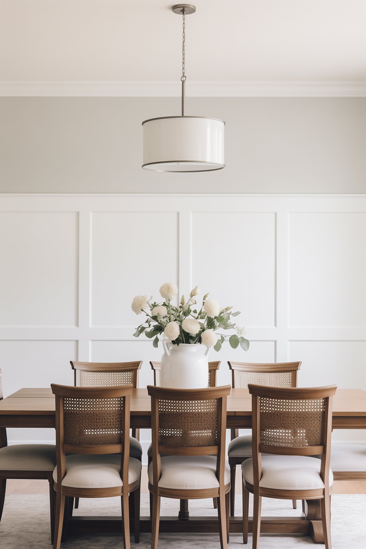 dining room with crushed ice walls and white wainscoting.