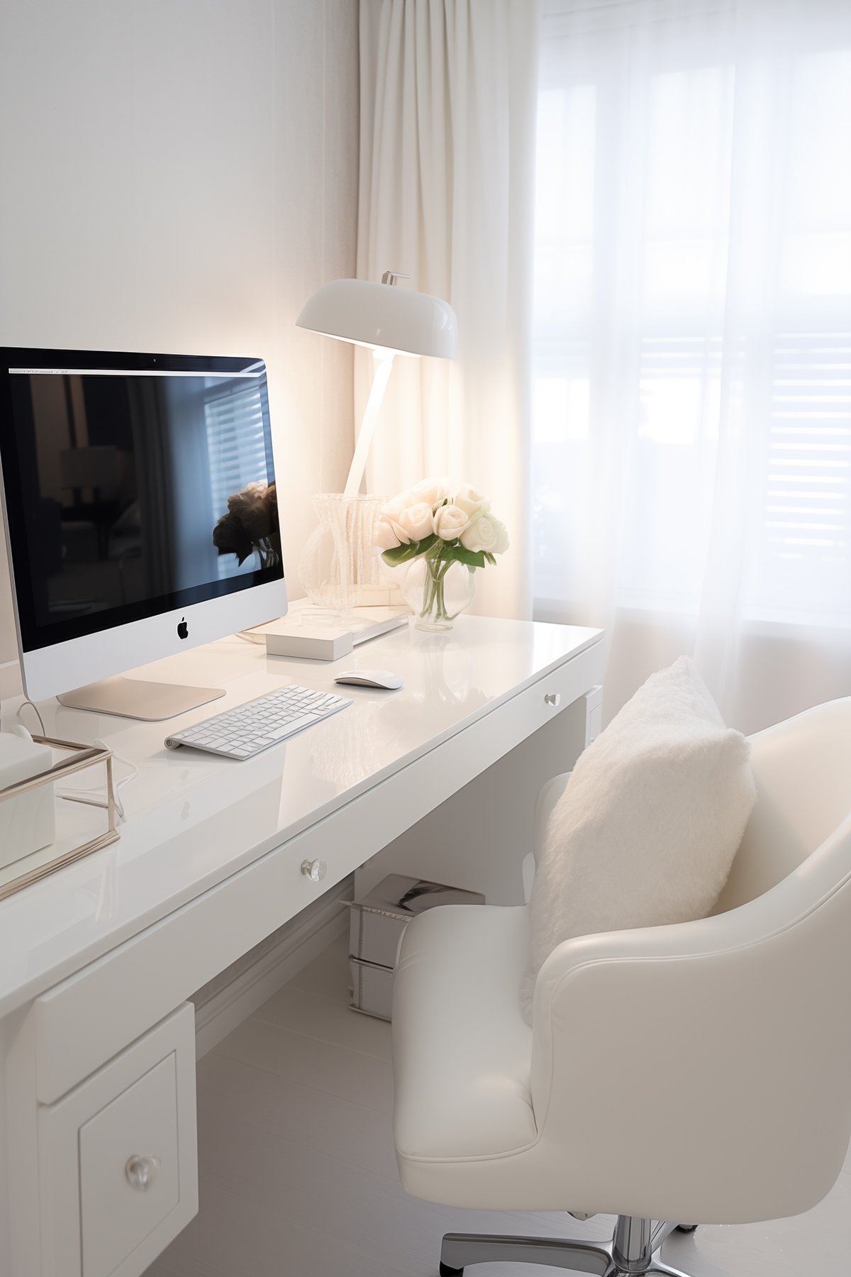 Modern minimalist home office with white desk, designer chair, and elegant desk lamp.