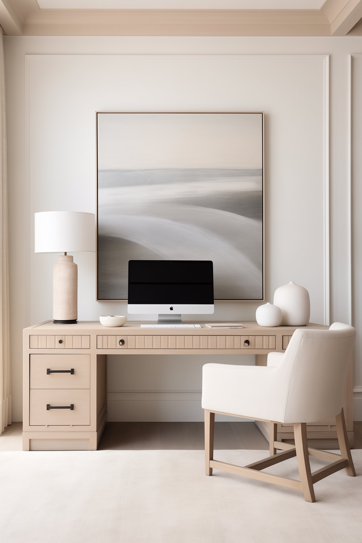 Monochromatic office with beige desk, abstract art, and modern decor.