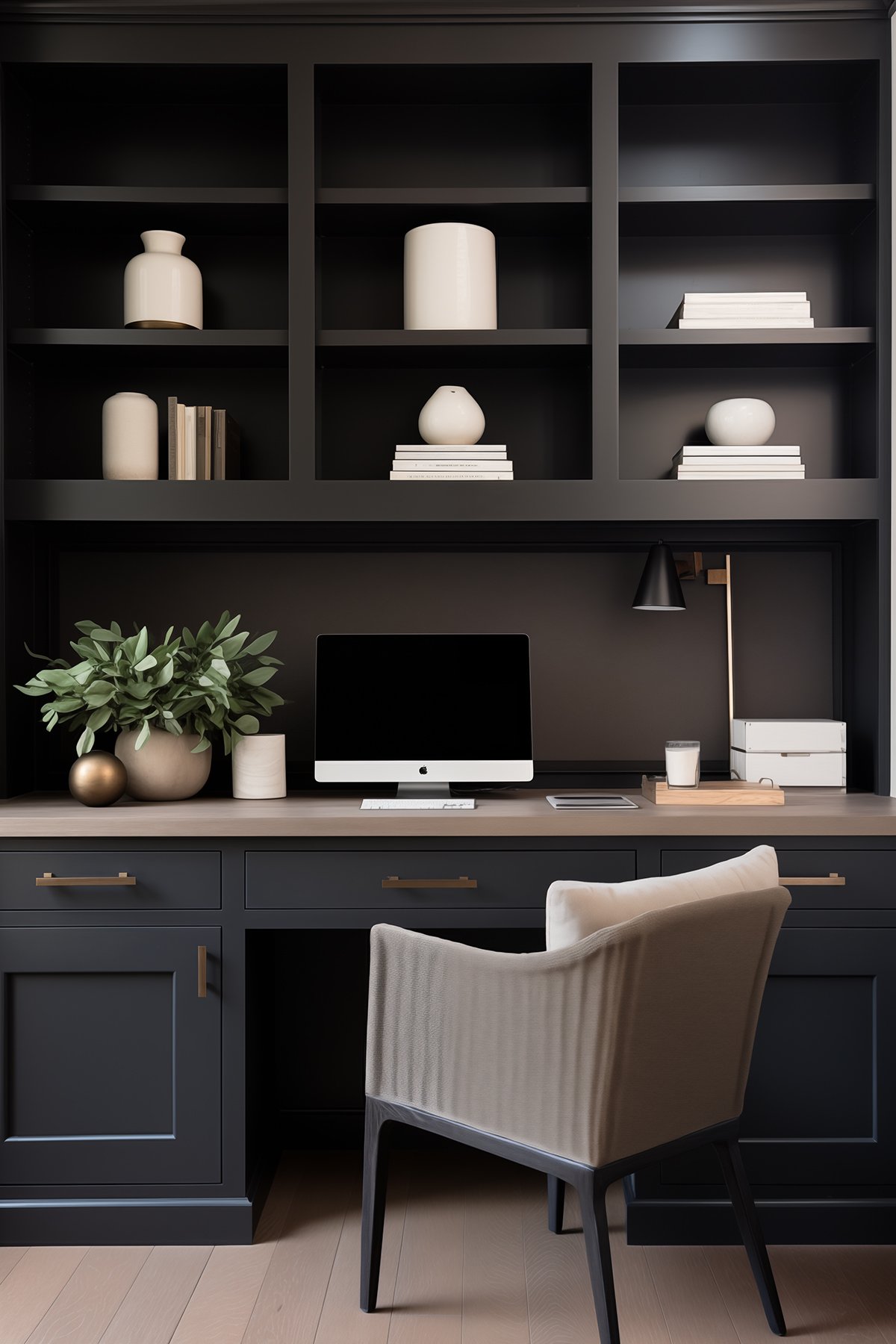 Dark-toned office with black shelves, a wooden desk, a cozy chair, and greenery.