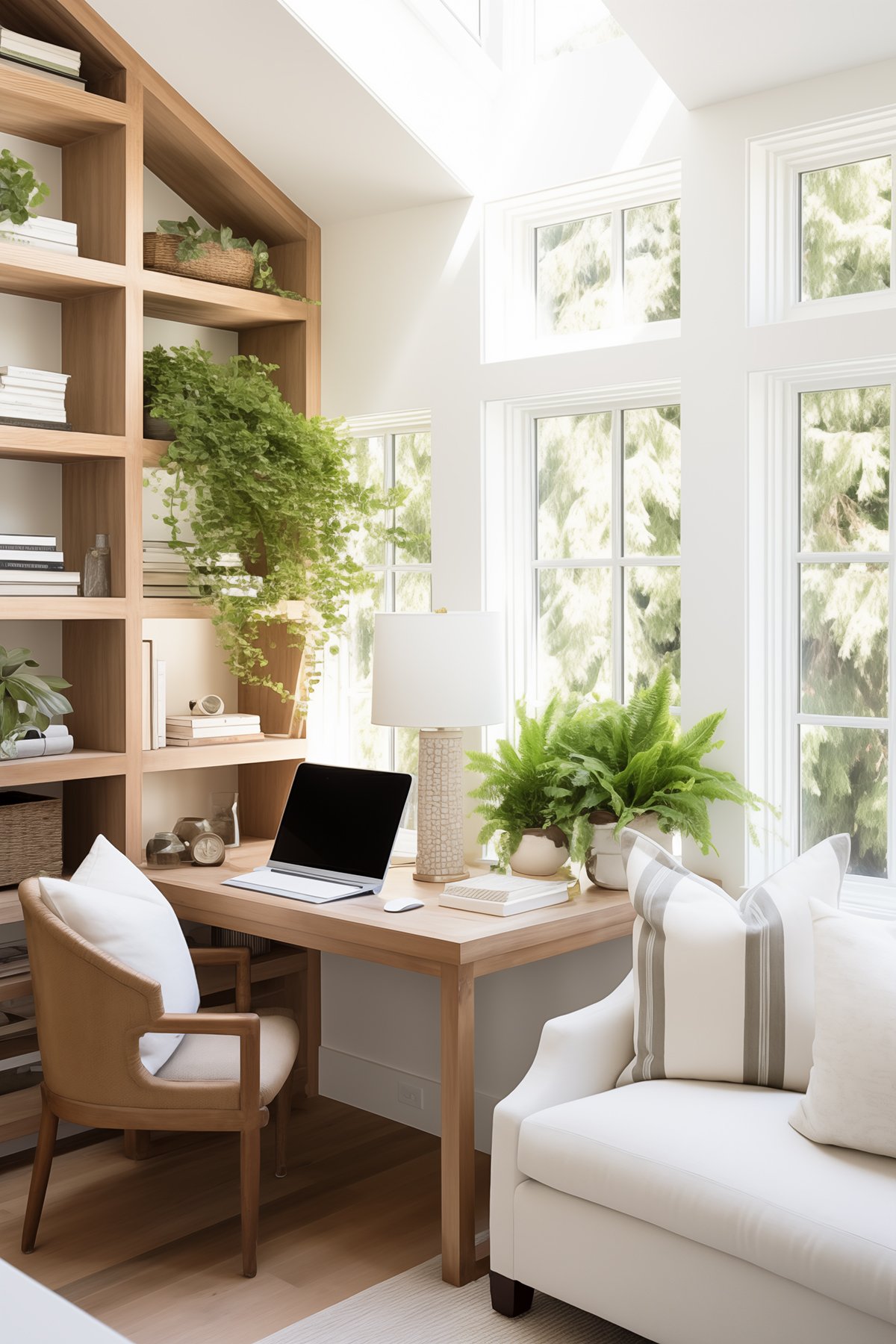 Airy home office with lush plants, wooden furniture, and large windows with a garden view.