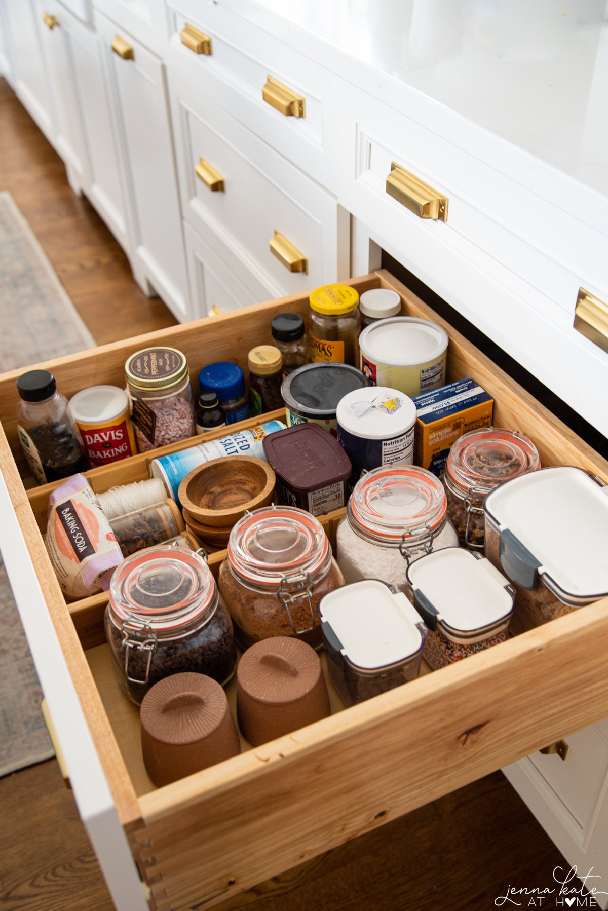 deep kitchen drawer with organized baking ingredients.
