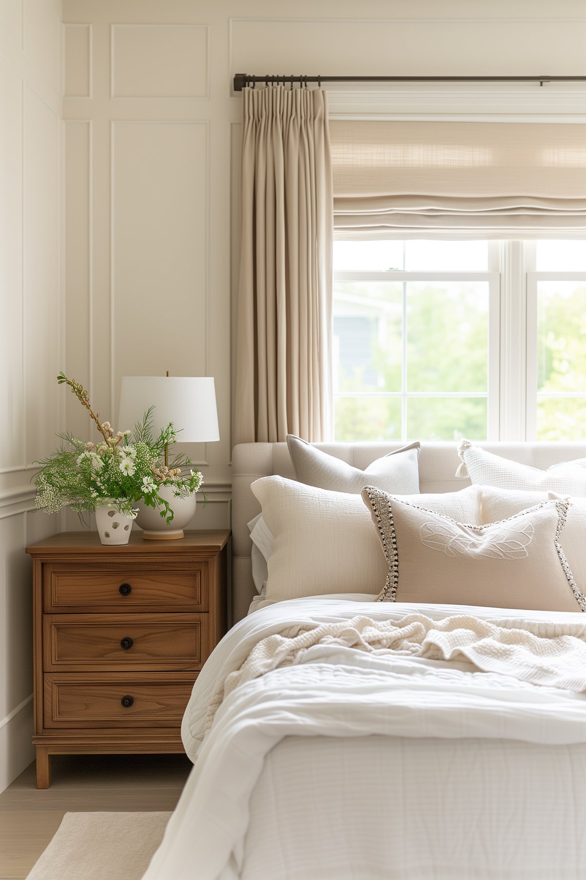 Coxy bedroom with neutral colors, a wood nightstand and walls painted Sherwin Williams Accessible Beige.
