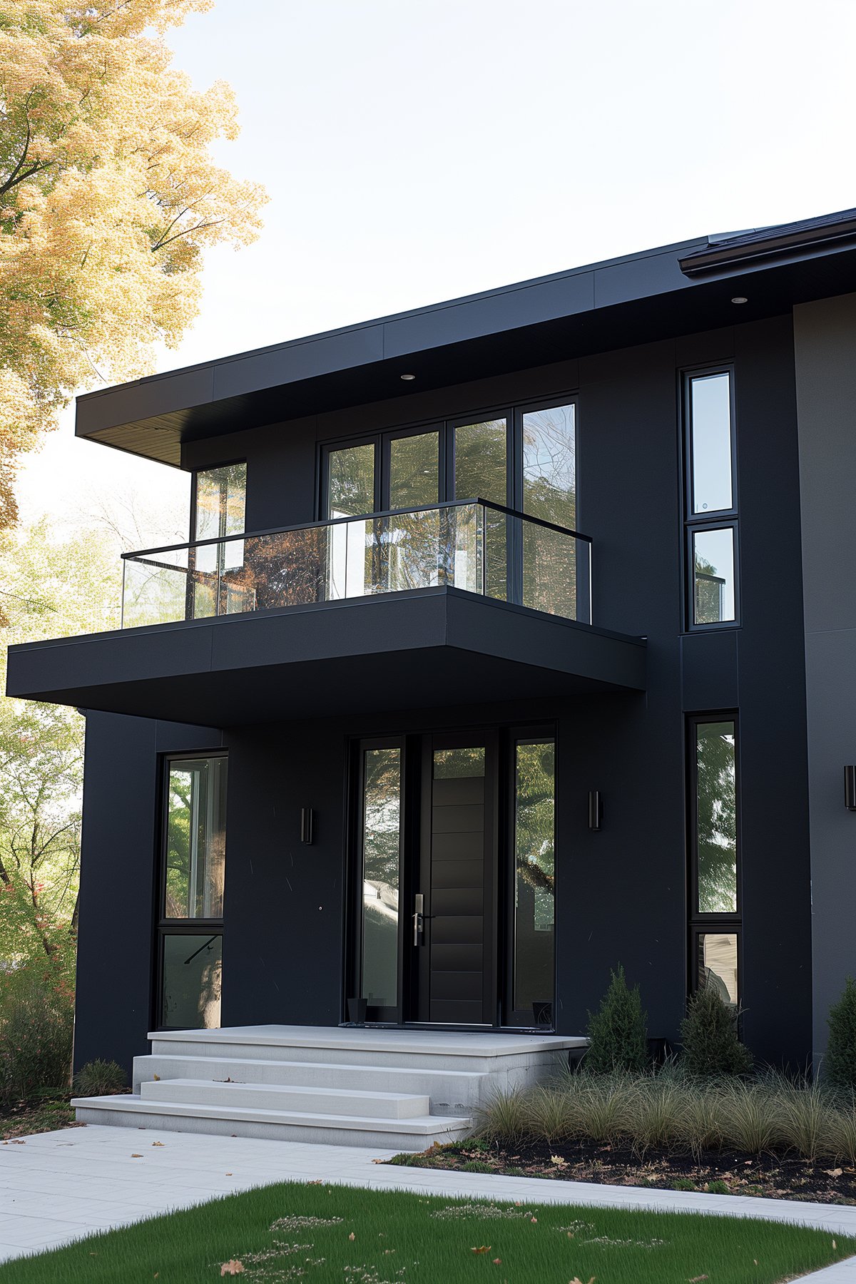 Very modern house exterior with black windows and Sherwin Williams Caviar stucco siding,