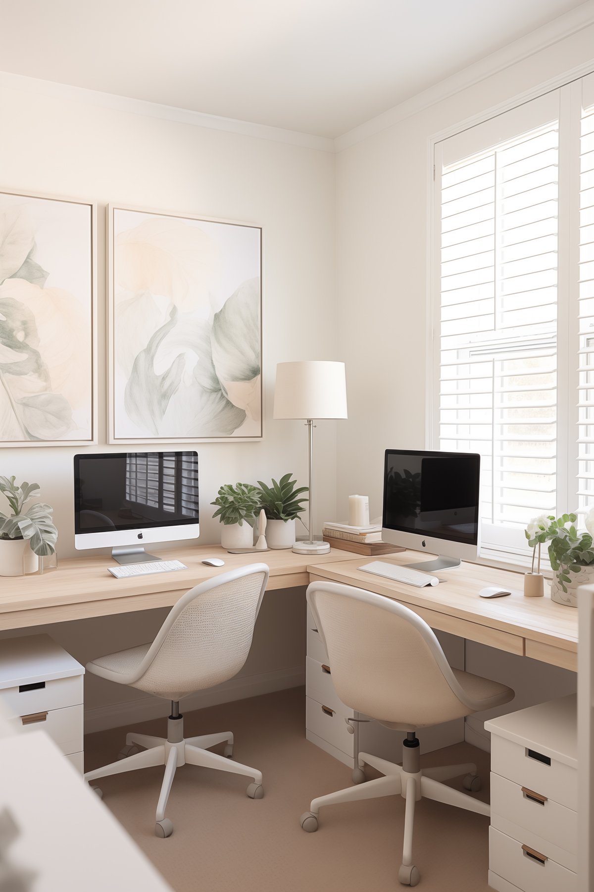Dual workstation with light wood desks, white chairs, and abstract art in a bright office.