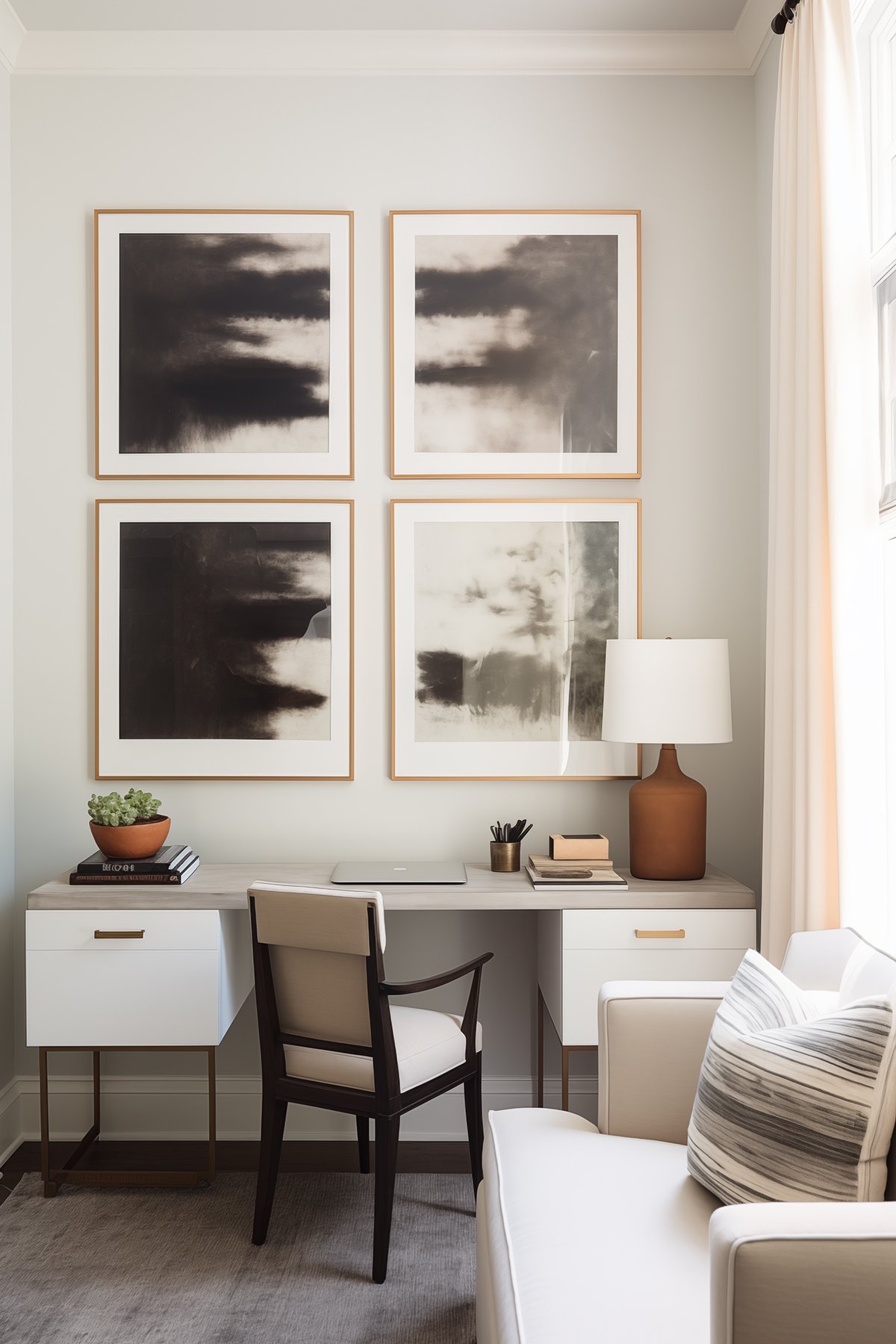 Elegant home office with abstract art, a modern desk, and a terracotta lamp.